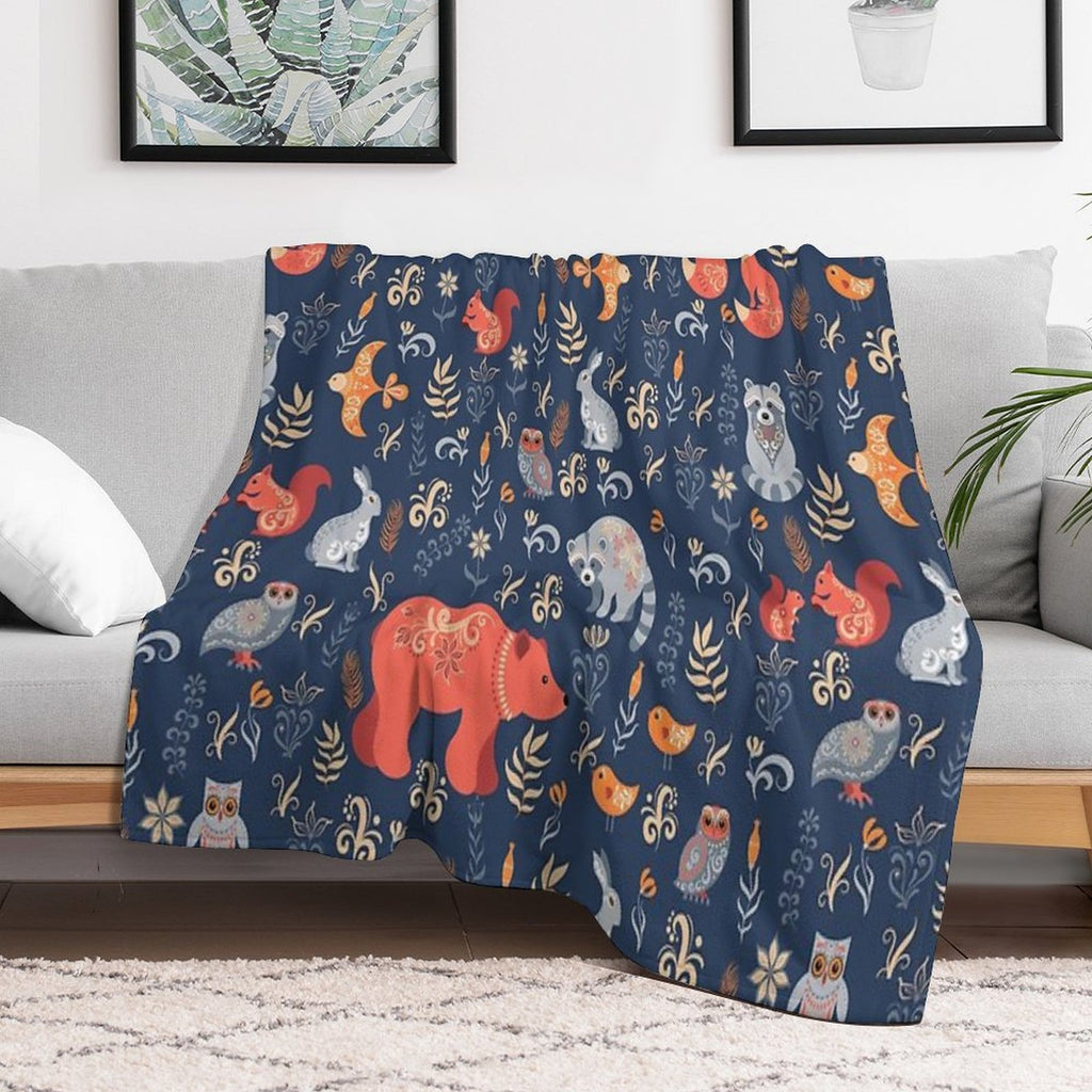 Fairy-tale Forest. Fox, Bear, Raccoon, Owls, Rabbits, Flowers And Herbs on A Blue Background. Anti-pilling Throw Blanket
