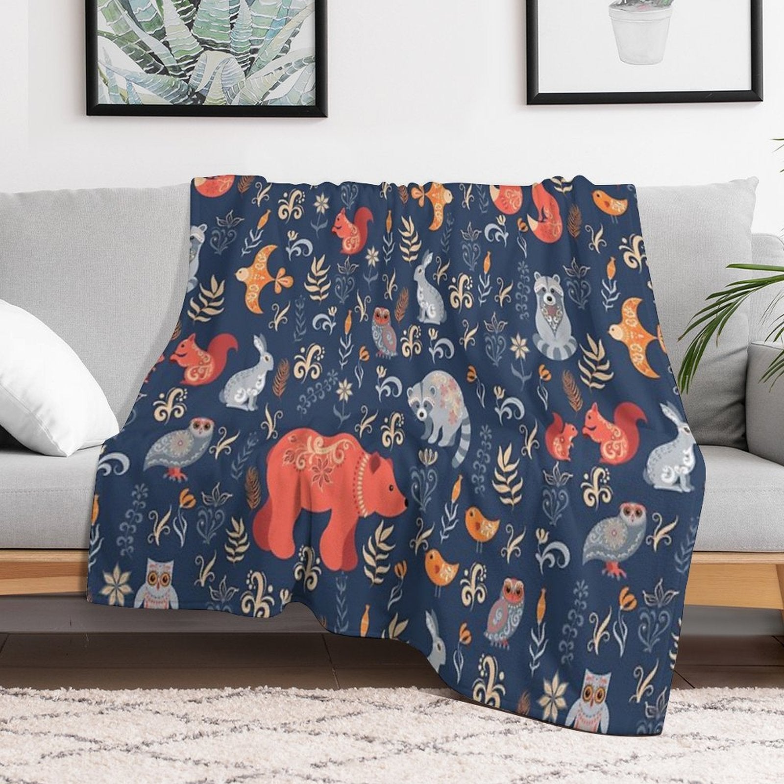 Fairy-tale Forest. Fox, Bear, Raccoon, Owls, Rabbits, Flowers And Herbs on A Blue Background. Anti-pilling Throw Blanket