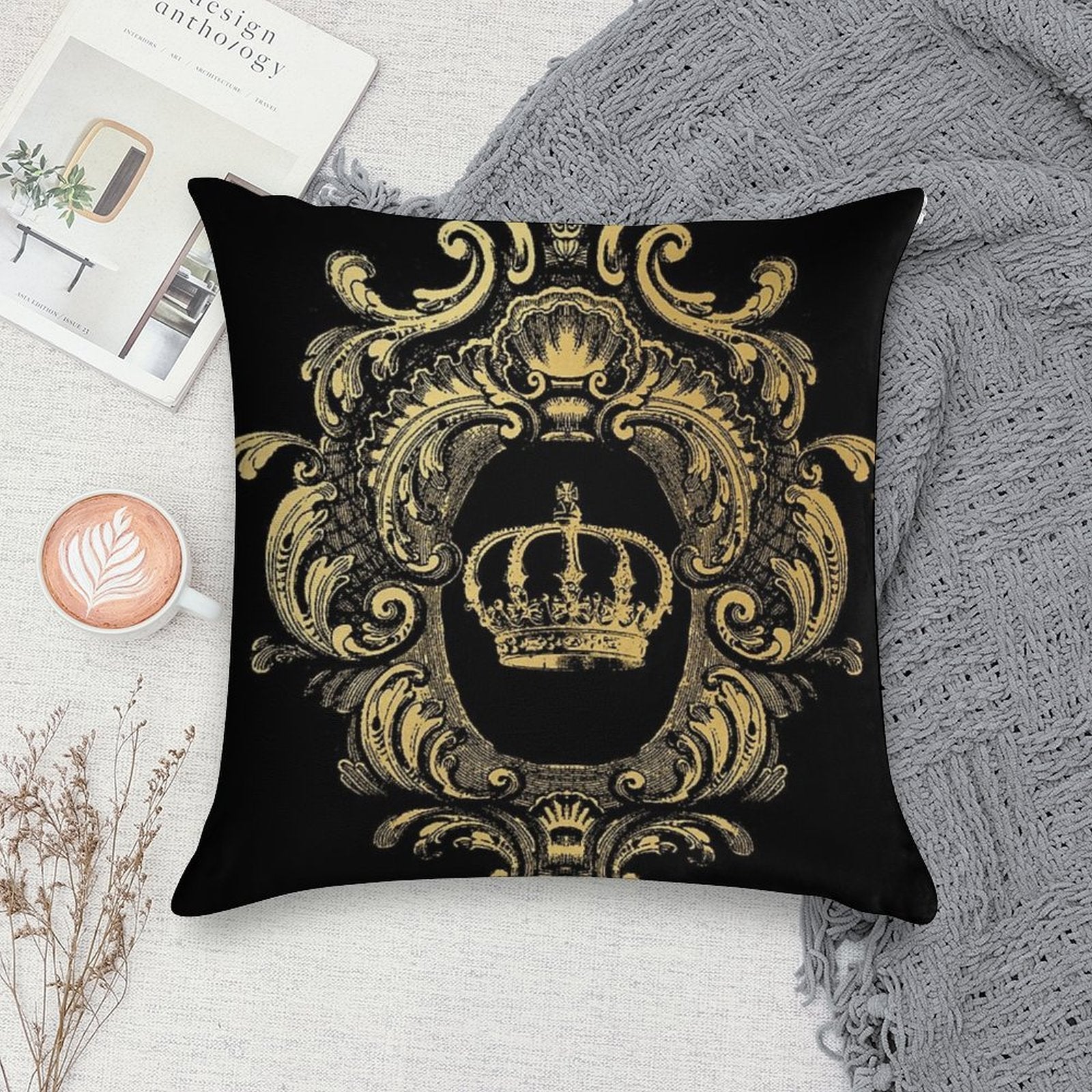 Ornate Gold Crown Black Soft Reinforced Edging Throw Pillow