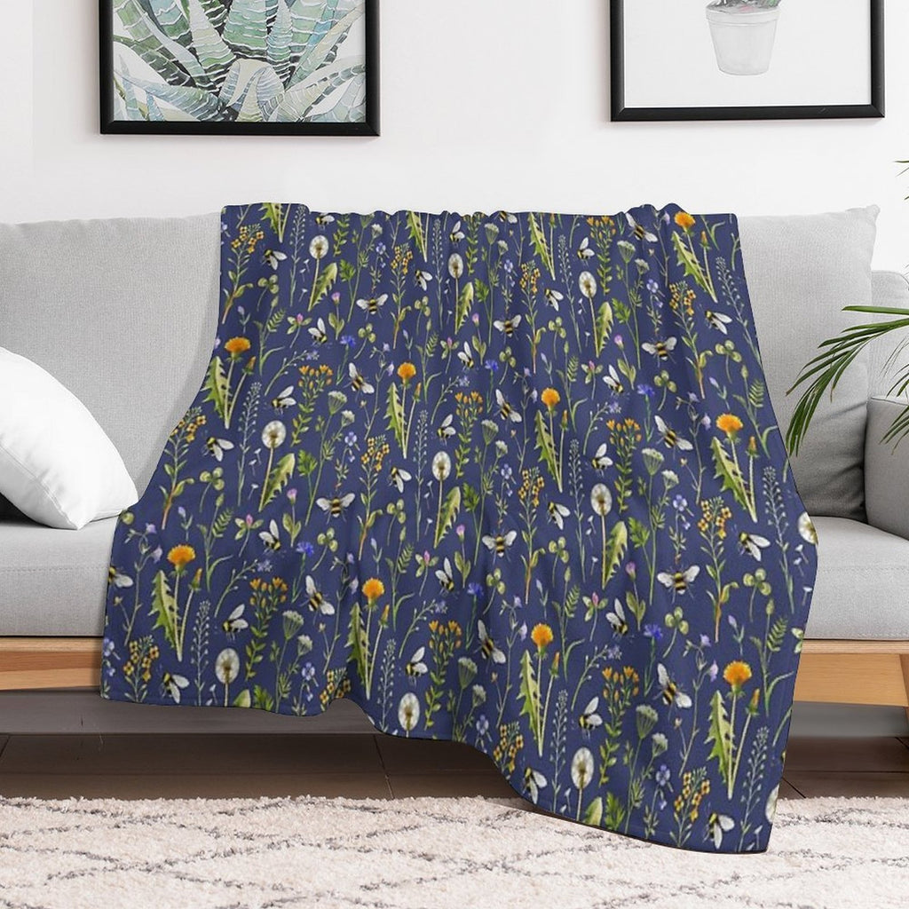 Bees And Wildflowers  Dark Blue Machine-washable Throw Blanket