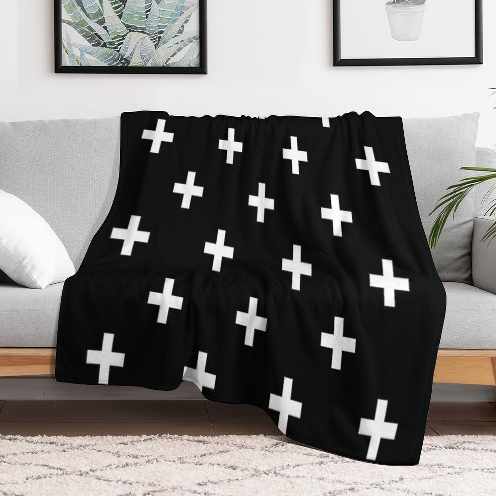 Black And White Swiss Cross Pattern Durable Throw Blanket