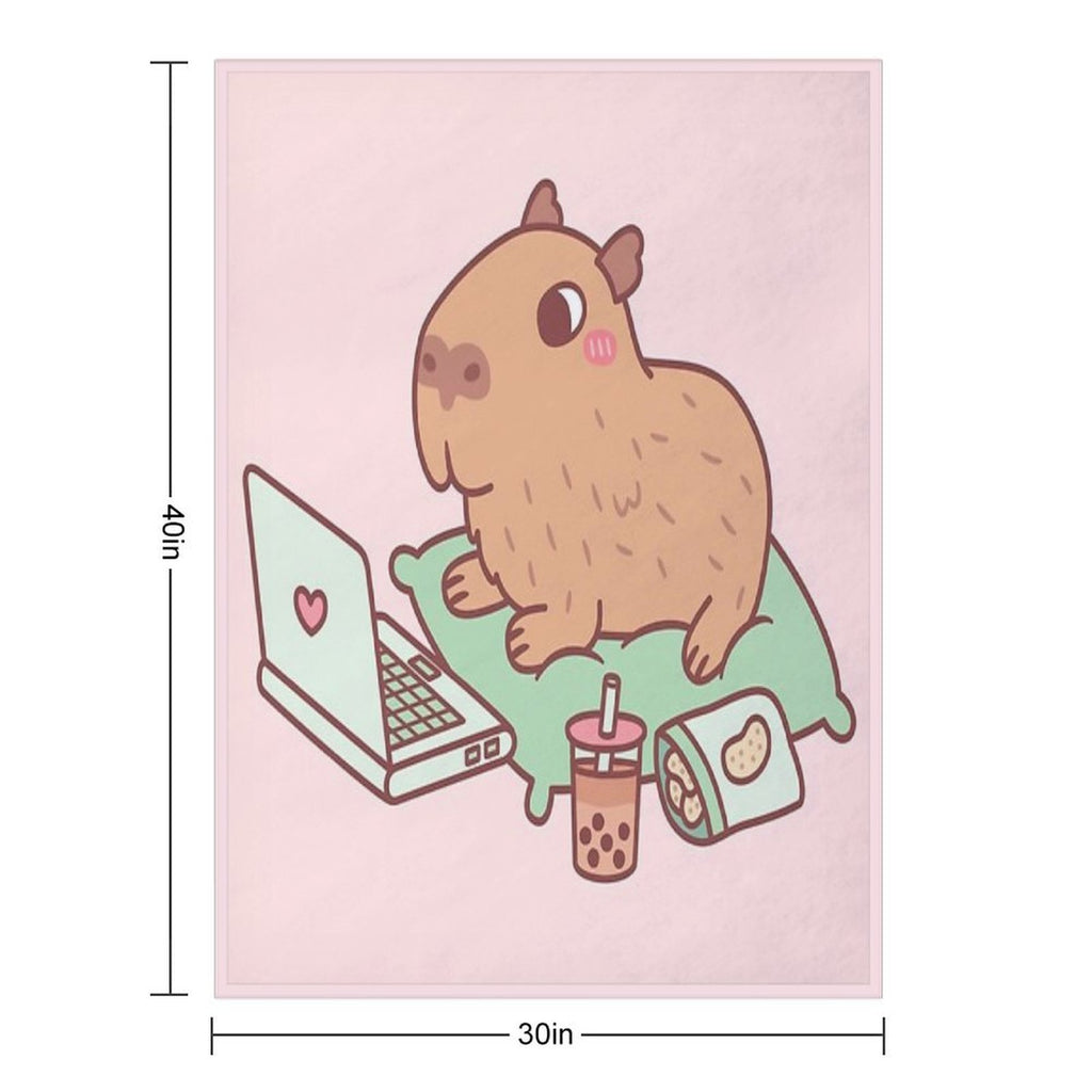 Cute Chilling Capybara With Laptop And Snacks Quick-dry Throw Blanket