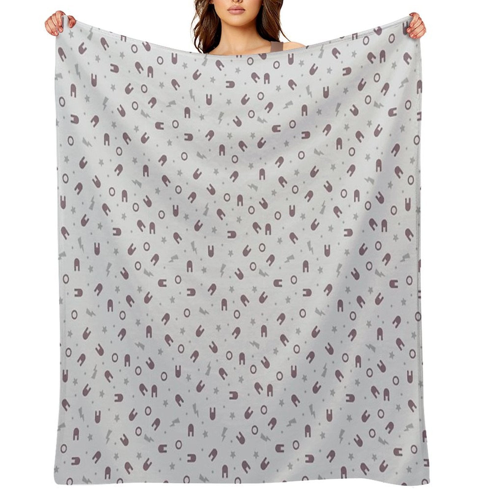 Anime Inspired Cute Kawaii Harajuku Style Grey Bolts And Stars And Chokolate Bunny Heads on Pale Beige Background Travel-friendly Throw Blanket