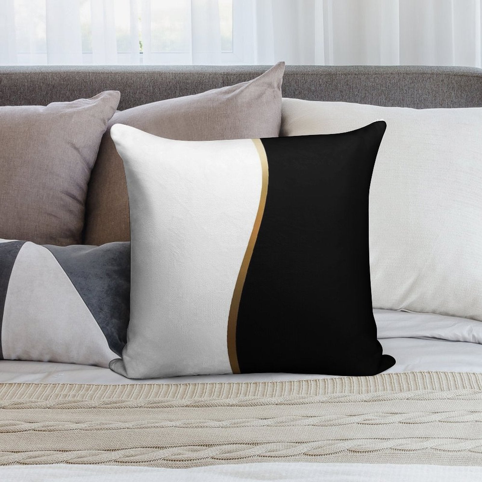 Black And White, Gold Wave Soft Home Decor Throw Pillow