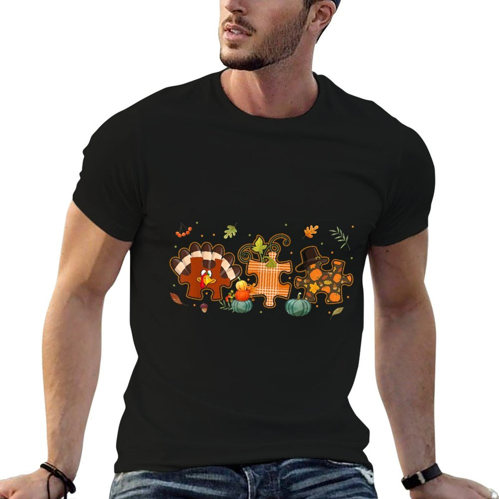 Cute Turkey Autism Awareness Puzzle Pumpkin Thanksgiving Day  Trendy Pattern T-Shirt