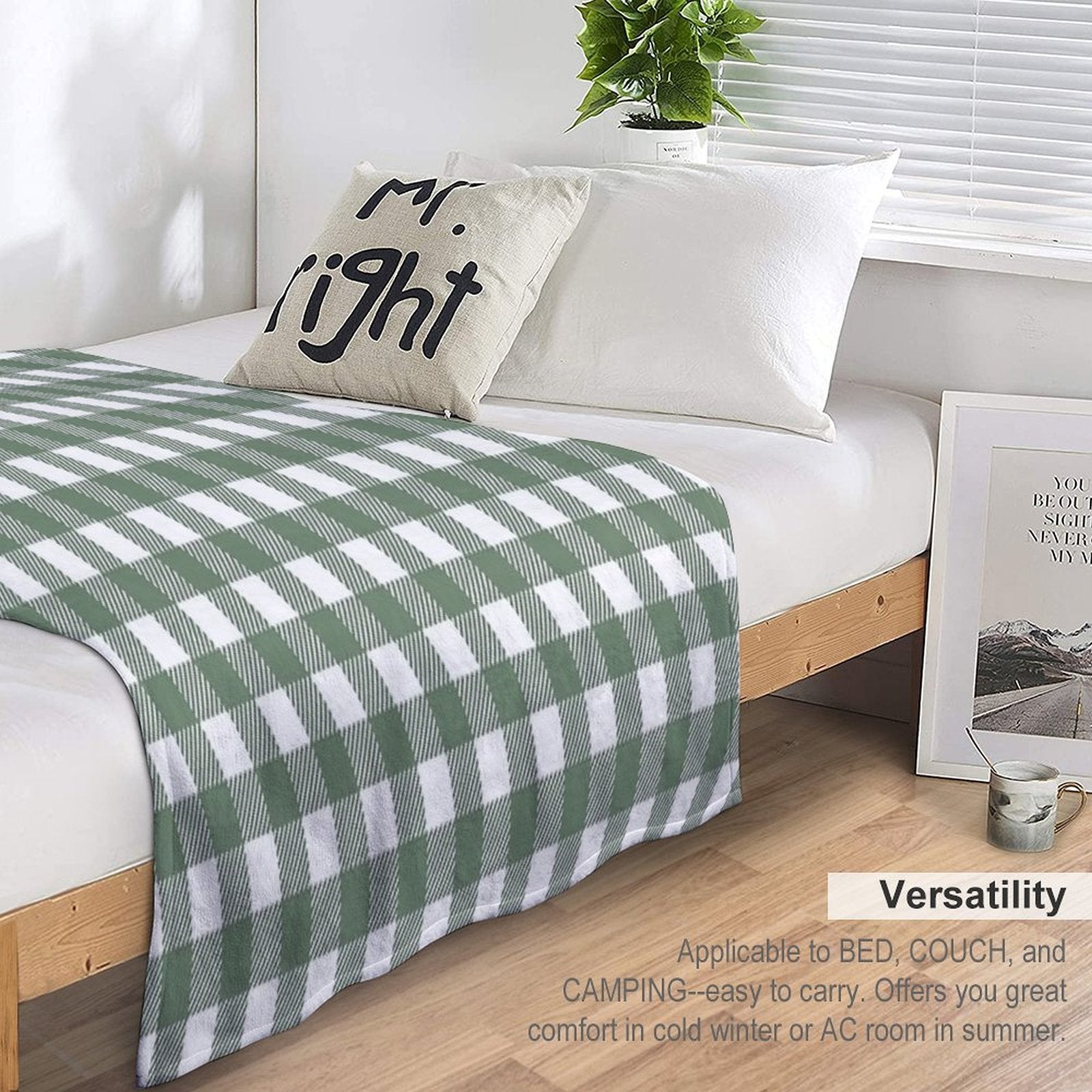 Plaid (sage Greenwhite) Travel-friendly Throw Blanket