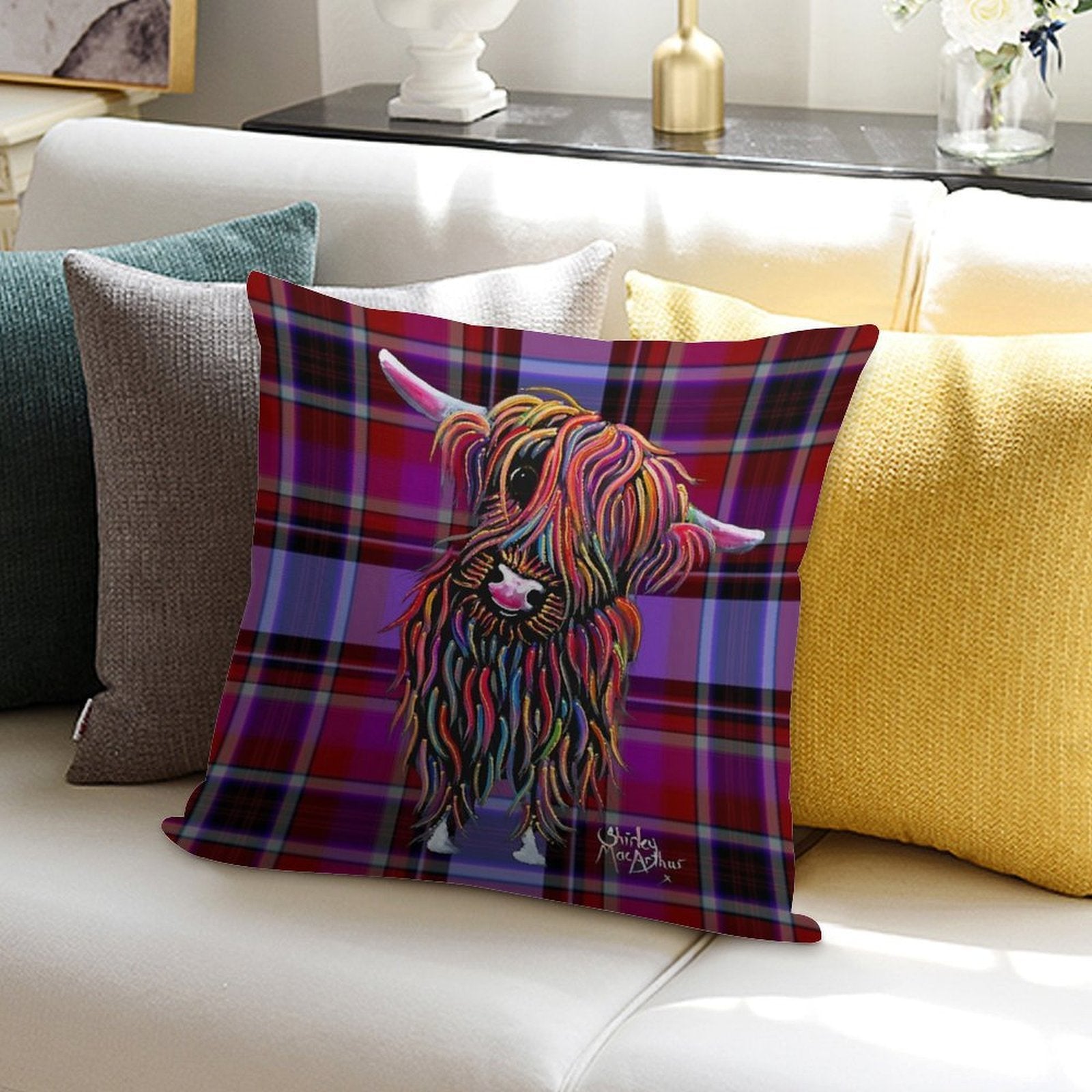 SCoTTiSH HiGHLaND CoW ' TaRTaN BoLLY P ' BY SHiRLeY MacARTHuR Soft Luxury Feel Throw Pillow