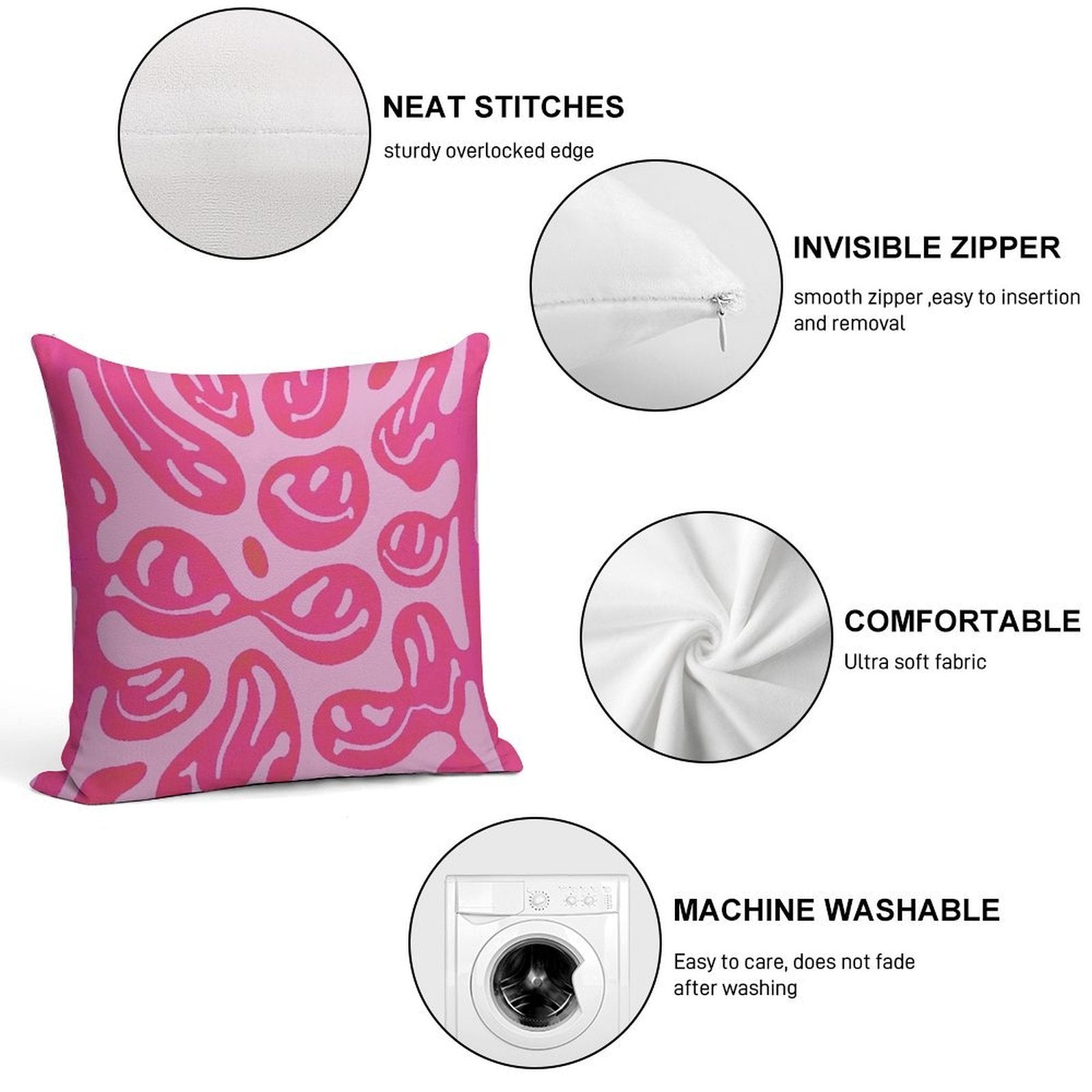 Hot Pink Melted Smiley Face Psychedelic Pattern Soft Bedroom Essential Throw Pillow