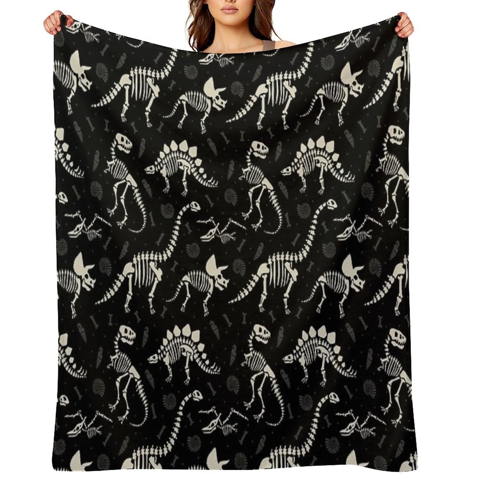 Dinosaur Fossils in Black Travel-friendly Throw Blanket