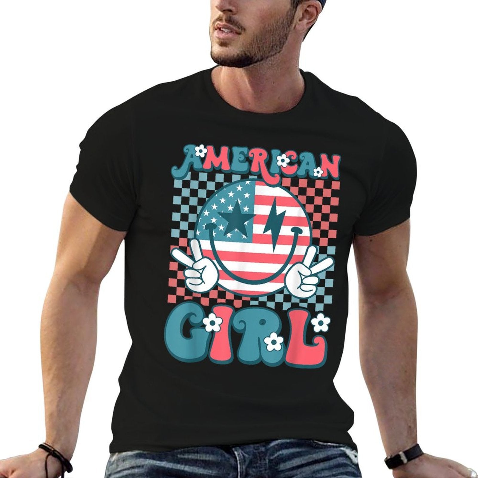 Retro Groovy Fourth 4th of July Smile American Girl  Tagless Design T-Shirt