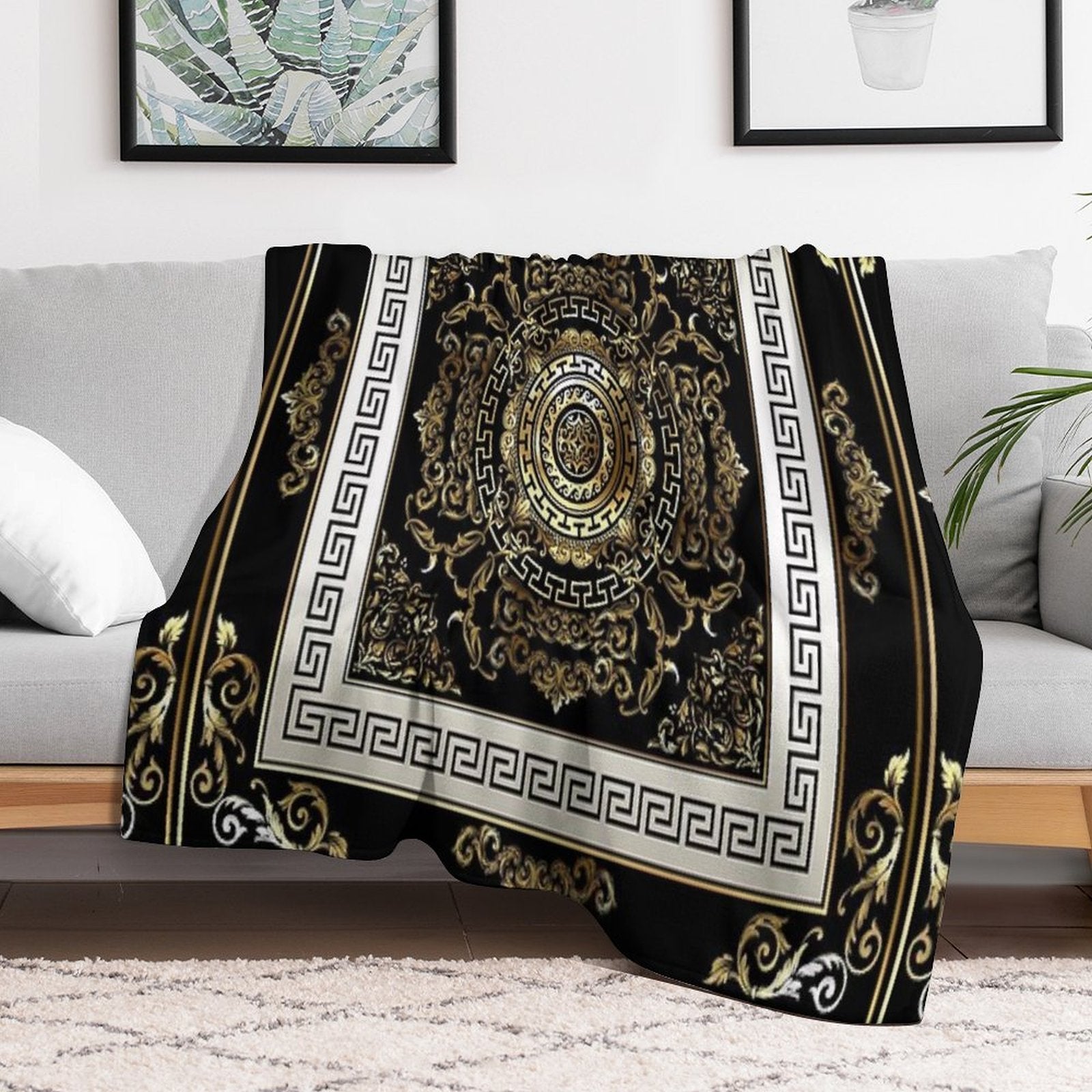 Ornate Baroque Filigree Black Cream Greek Key Meander Quick-dry Throw Blanket