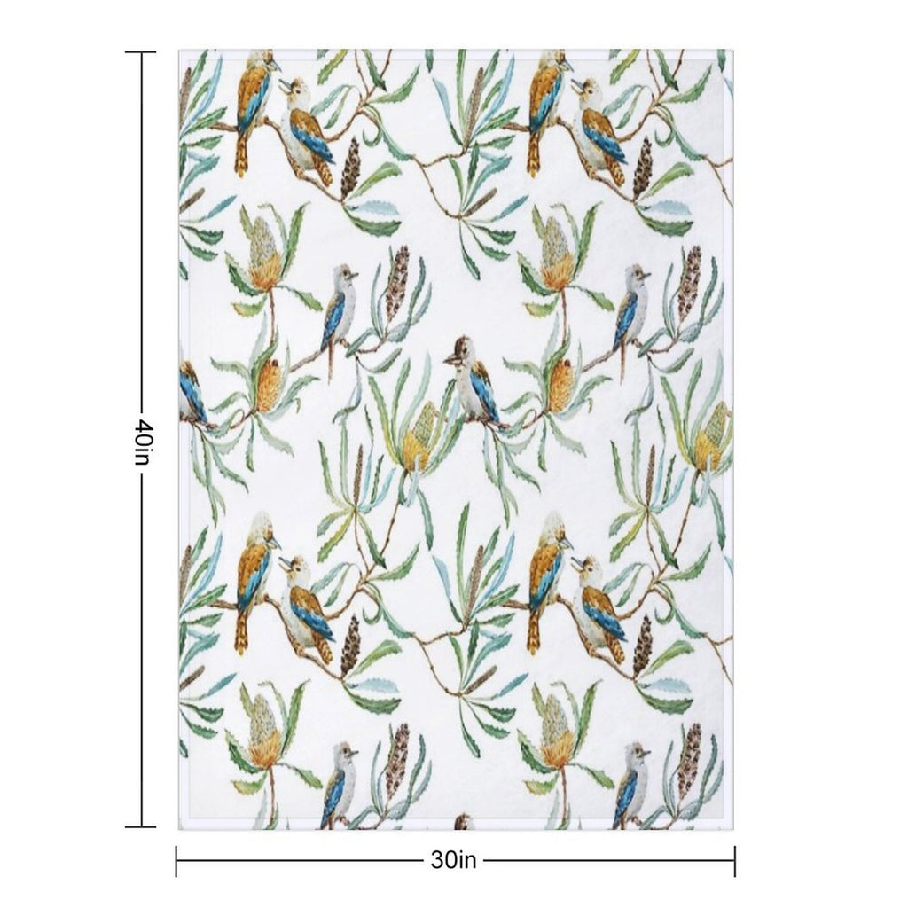 Australian Kookaburras, Waratah Flowers,  Leaves Pattern Plush Throw Blanket