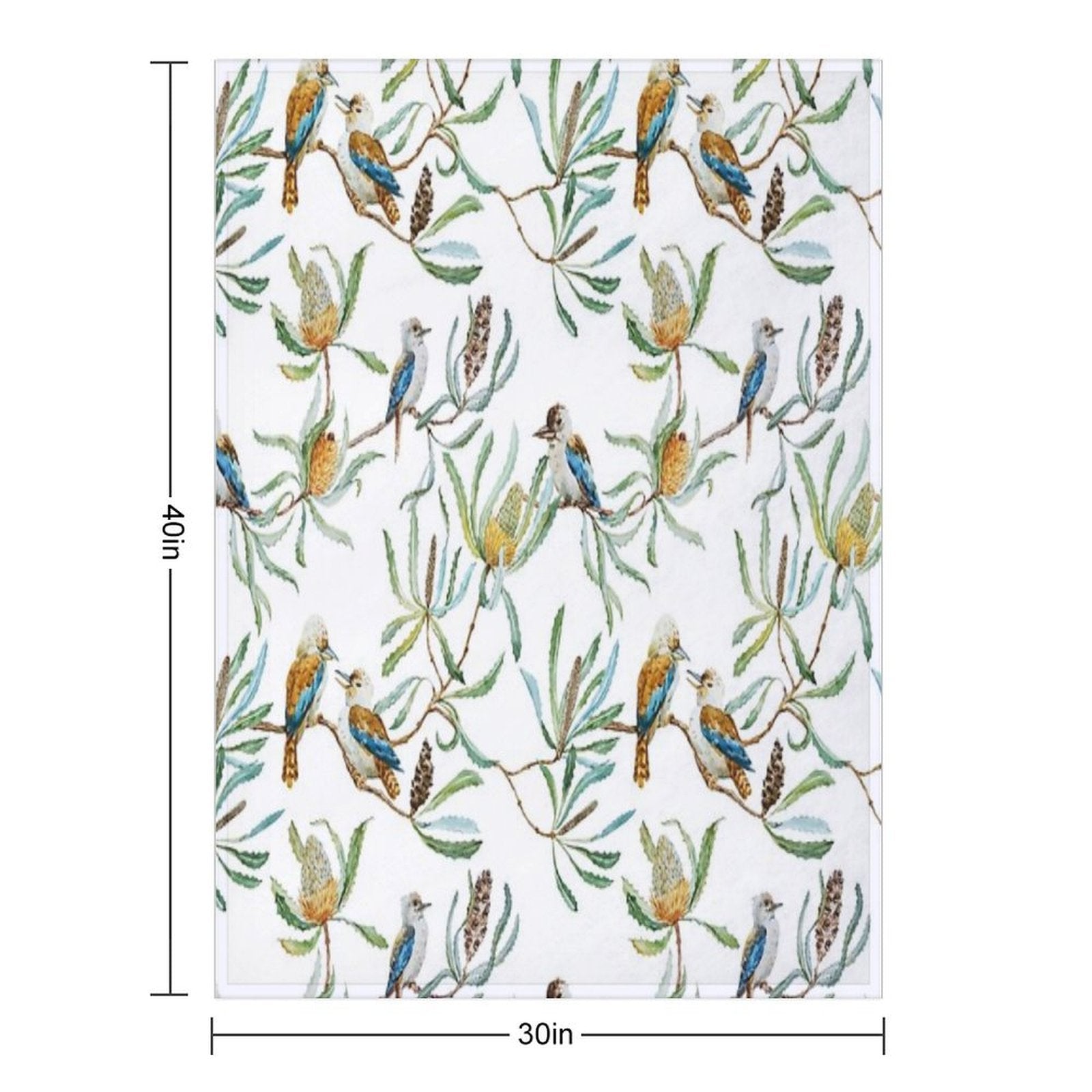 Australian Kookaburras, Waratah Flowers,  Leaves Pattern Plush Throw Blanket