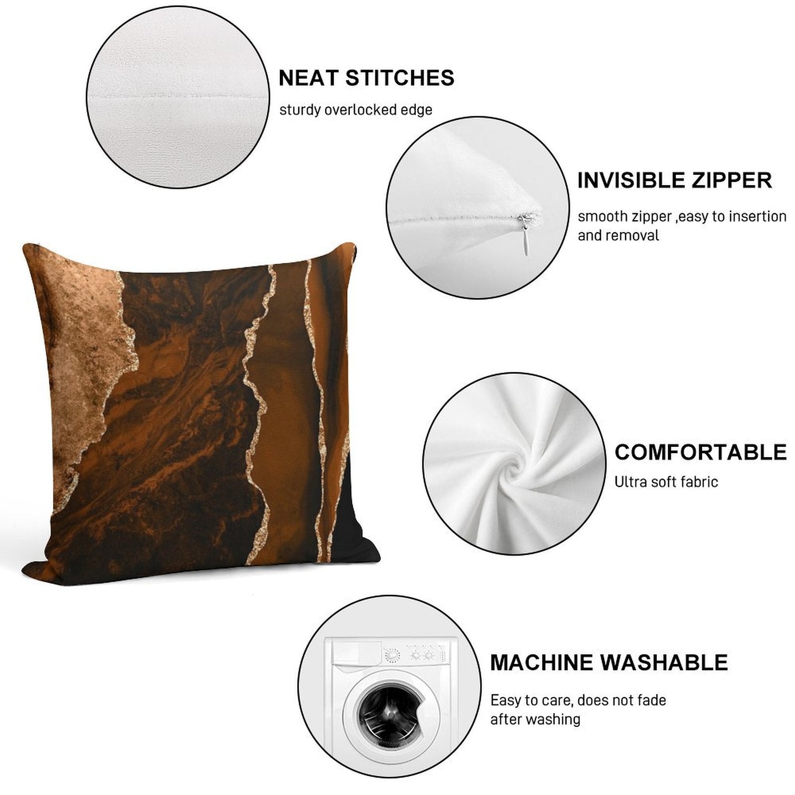 Abstract Chocolate Brown & Gold Modern Geode Agate Design Soft Hidden Zipper Throw Pillow
