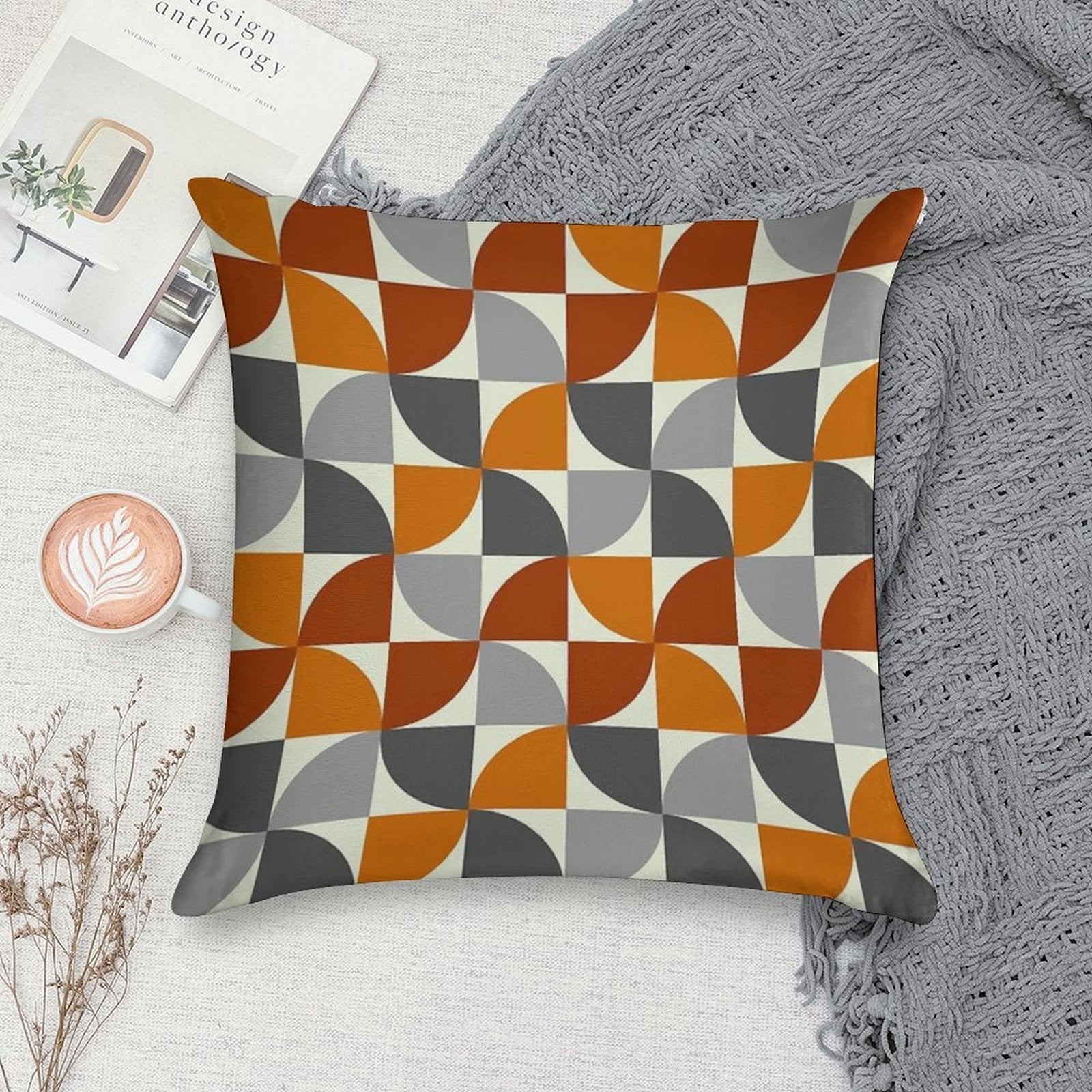 Grey And Orange Mid Century Modern Soft Luxury Feel Throw Pillow