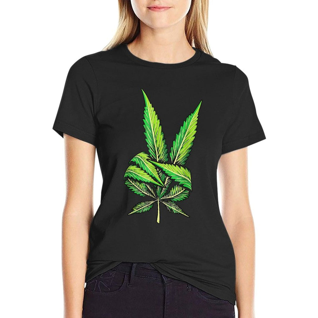 Weed Leaf Marijuana Leaf Hand Peace Sign Hand 420 Cannabis  Eco-friendly Material T-Shirt