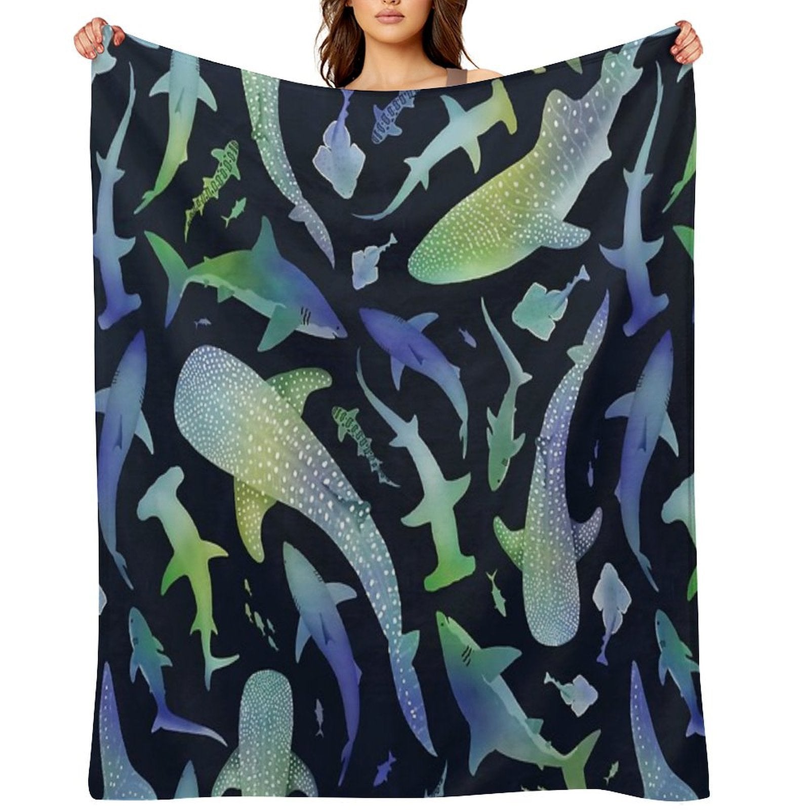 Blue And Green Watercolor Shark Ocean on Dark Navy Blue Travel-friendly Throw Blanket