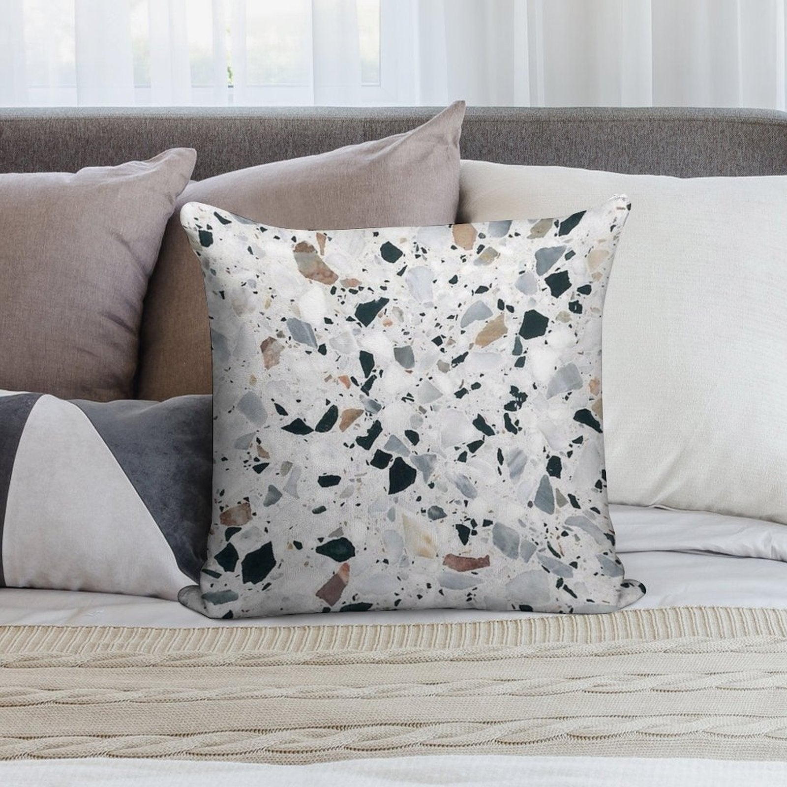 Terrazzo Black, White, Grey And Bronze Soft Hidden Zipper Throw Pillow