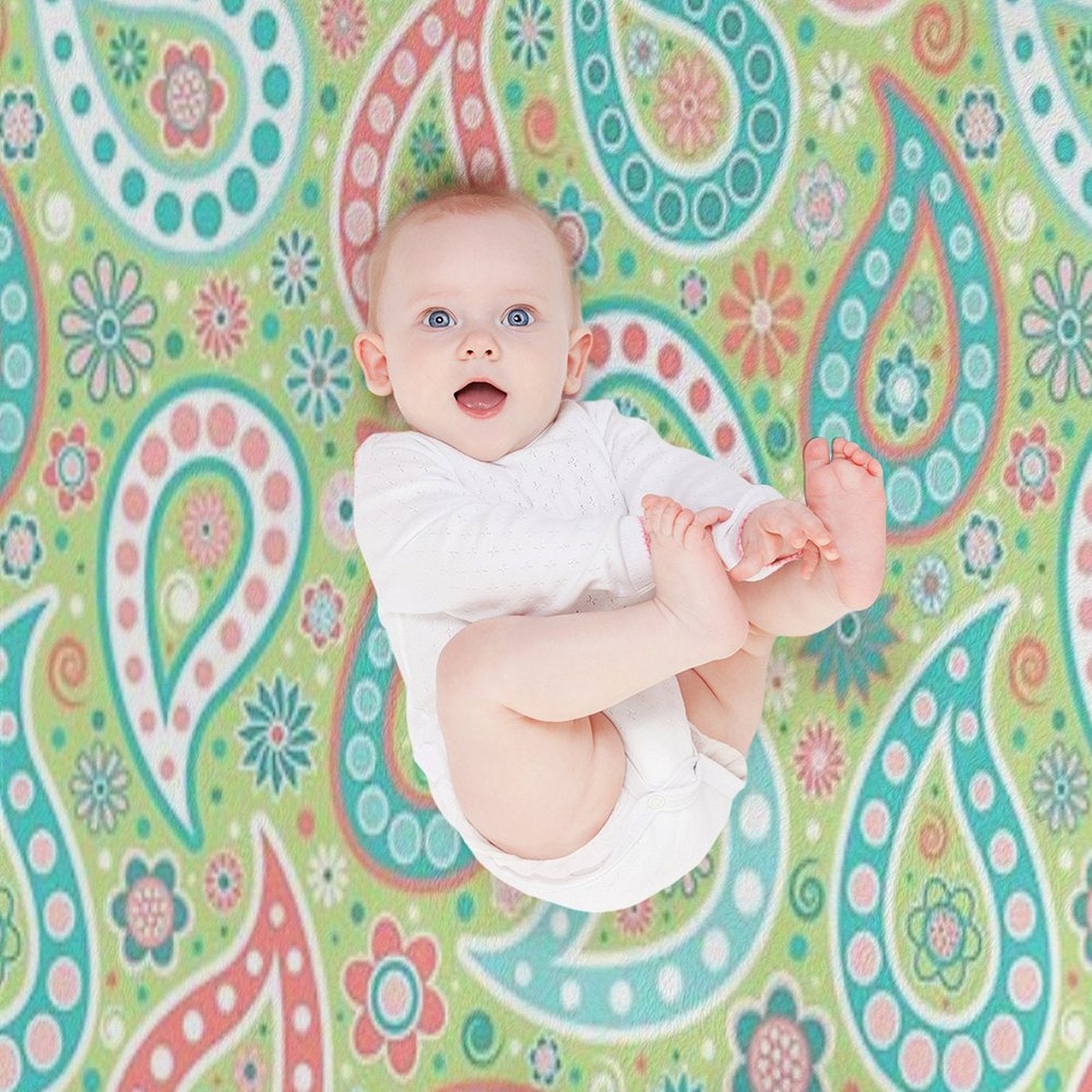 Paisley in Green, Turquoise Blue, Coral Pink And White Lightweight Throw Blanket