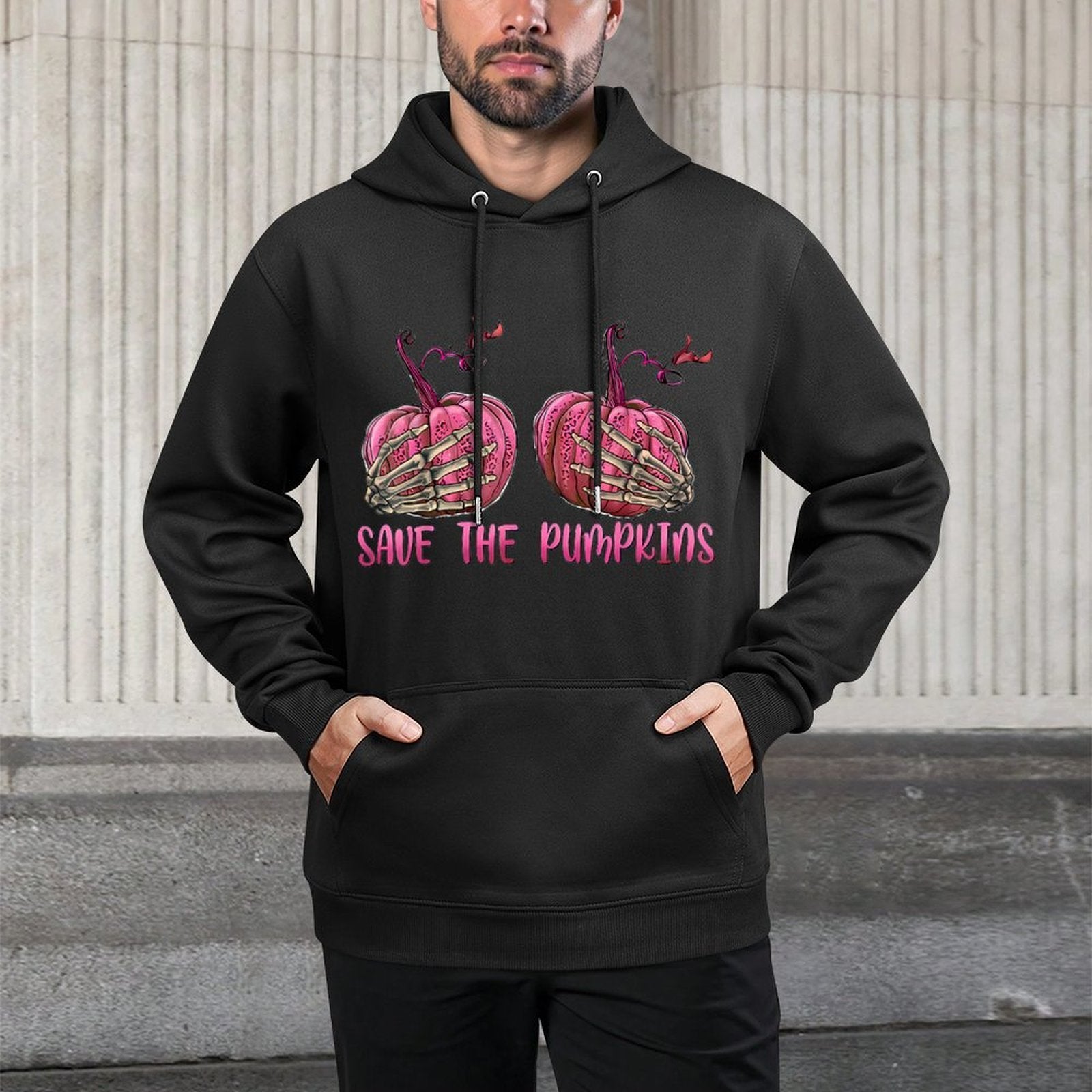 Skeleton Hand Boobs Save The Pumpkin Breast Cancer Halloween Colorfast Hoodie