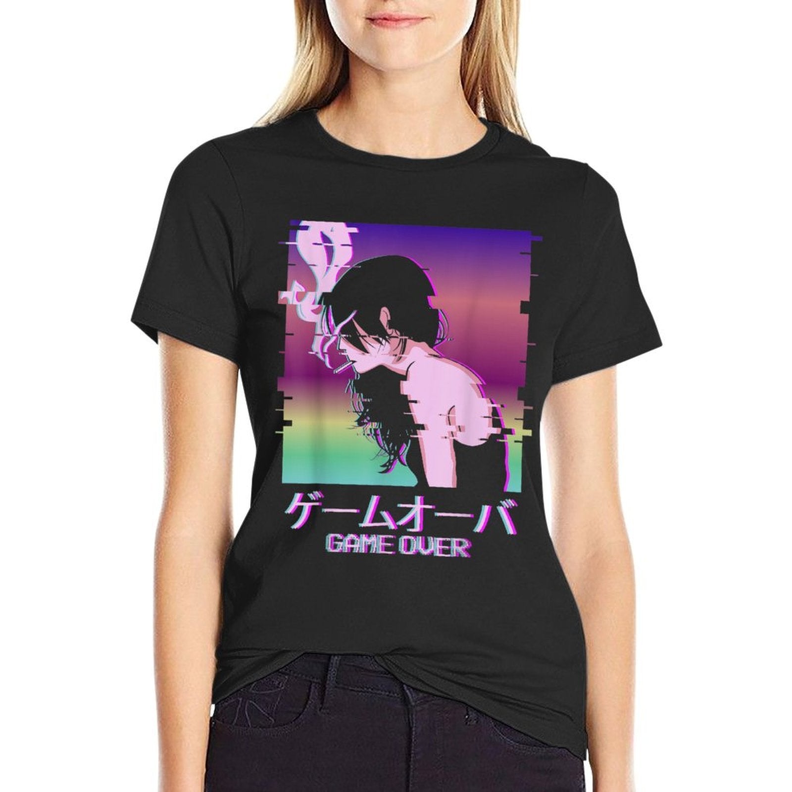 Japanese Vaporwave Sad Anime Girl Game Over Indie Aesthetic  Graphic-printed T-Shirt