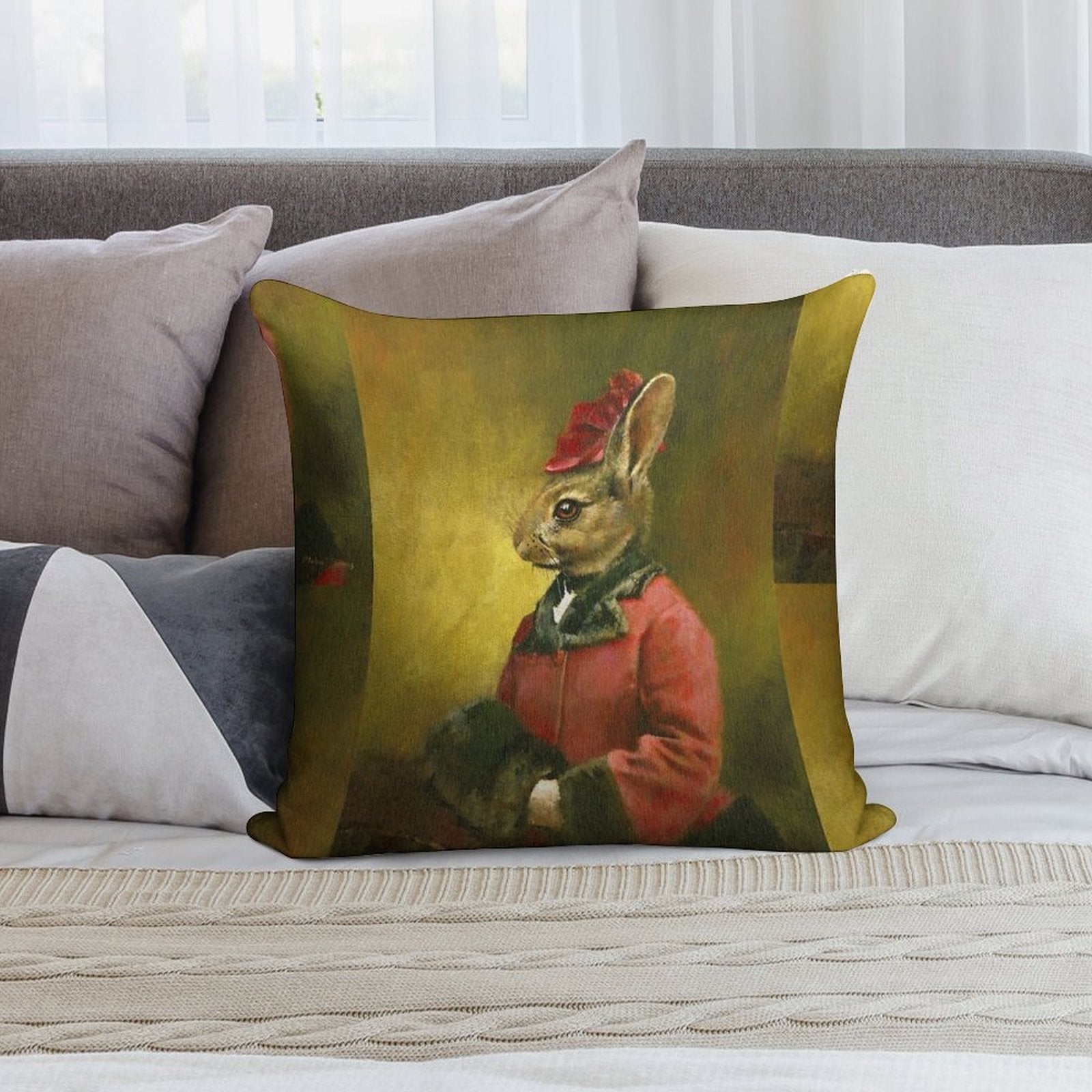 Victorian Lady Rabbit Soft Short Plush Fabric Throw Pillow