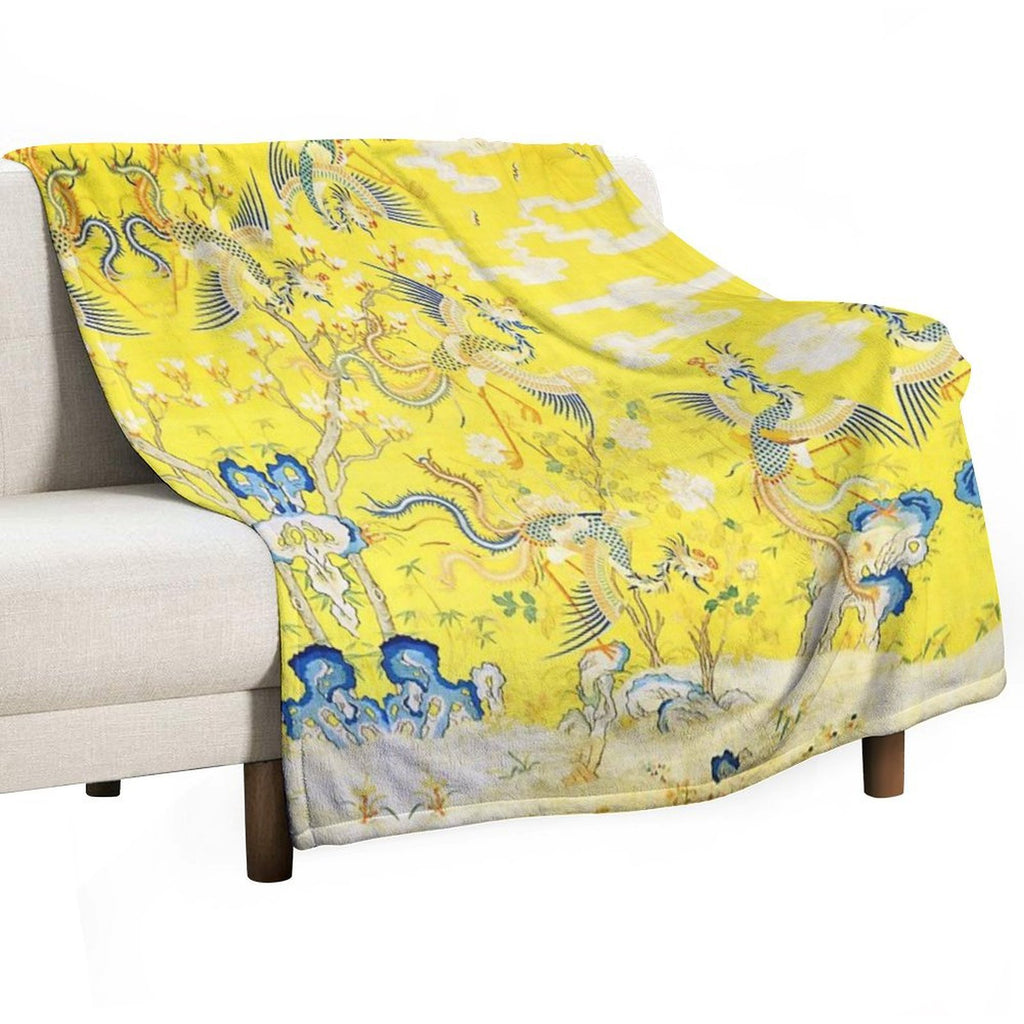 Five Phoenixes in The Garden ,Chinese Imperial Bright Yellow Floral Tapestry Plush Throw Blanket