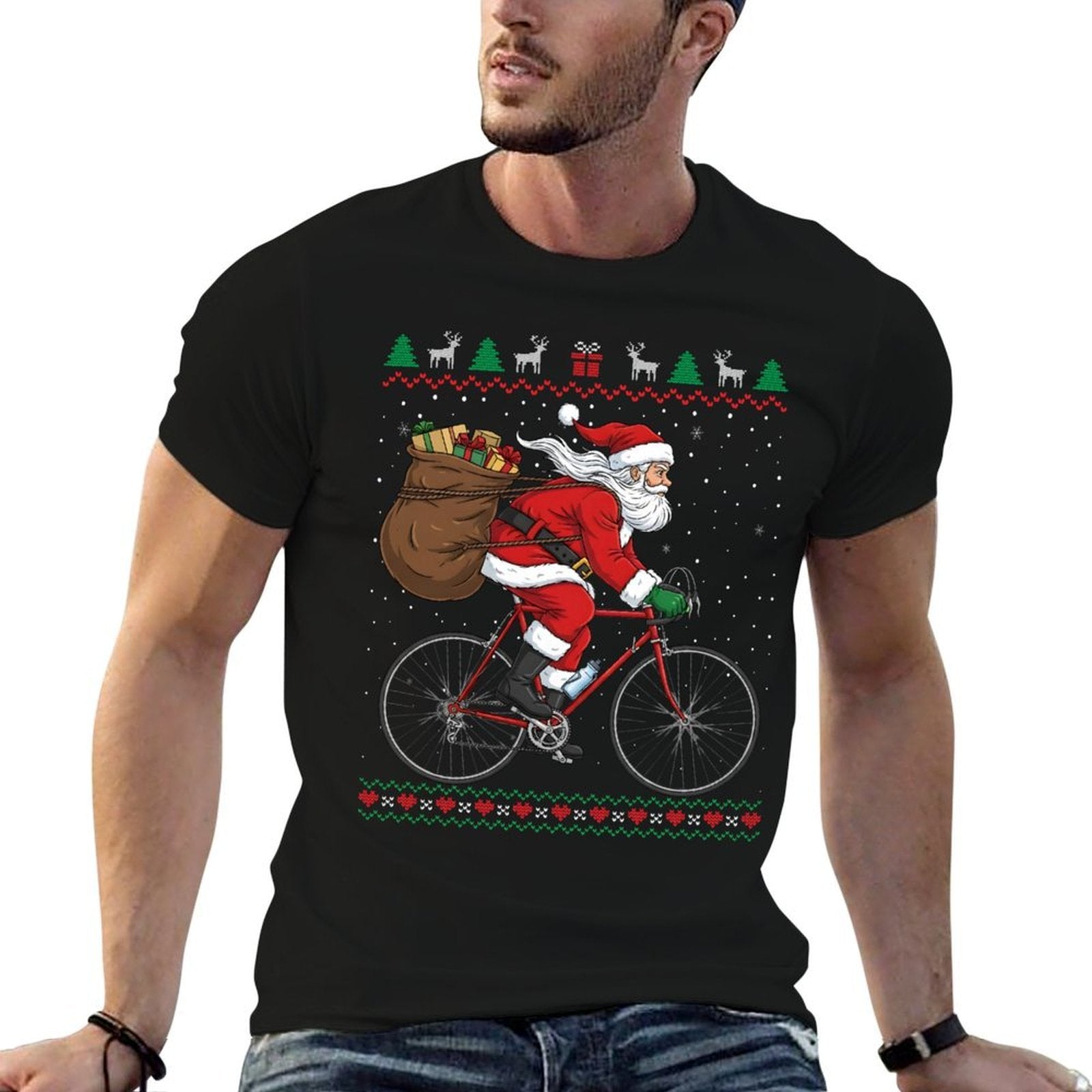 Santa Claus Riding Bicycle Christmas Funny Ugly Sweater  Easy-care T-Shirt