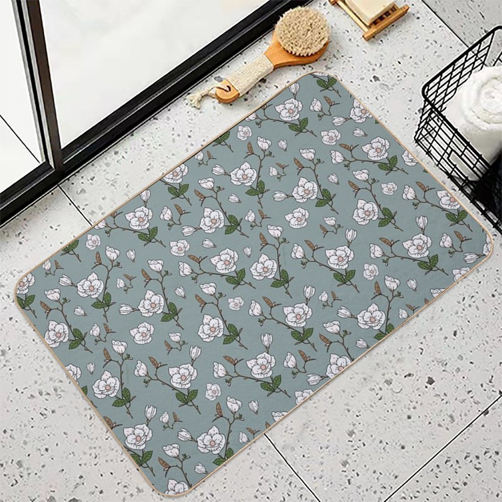 Botanical Magnolia Sprig Pattern_Sage  Dirt-Trapping Bath Mat