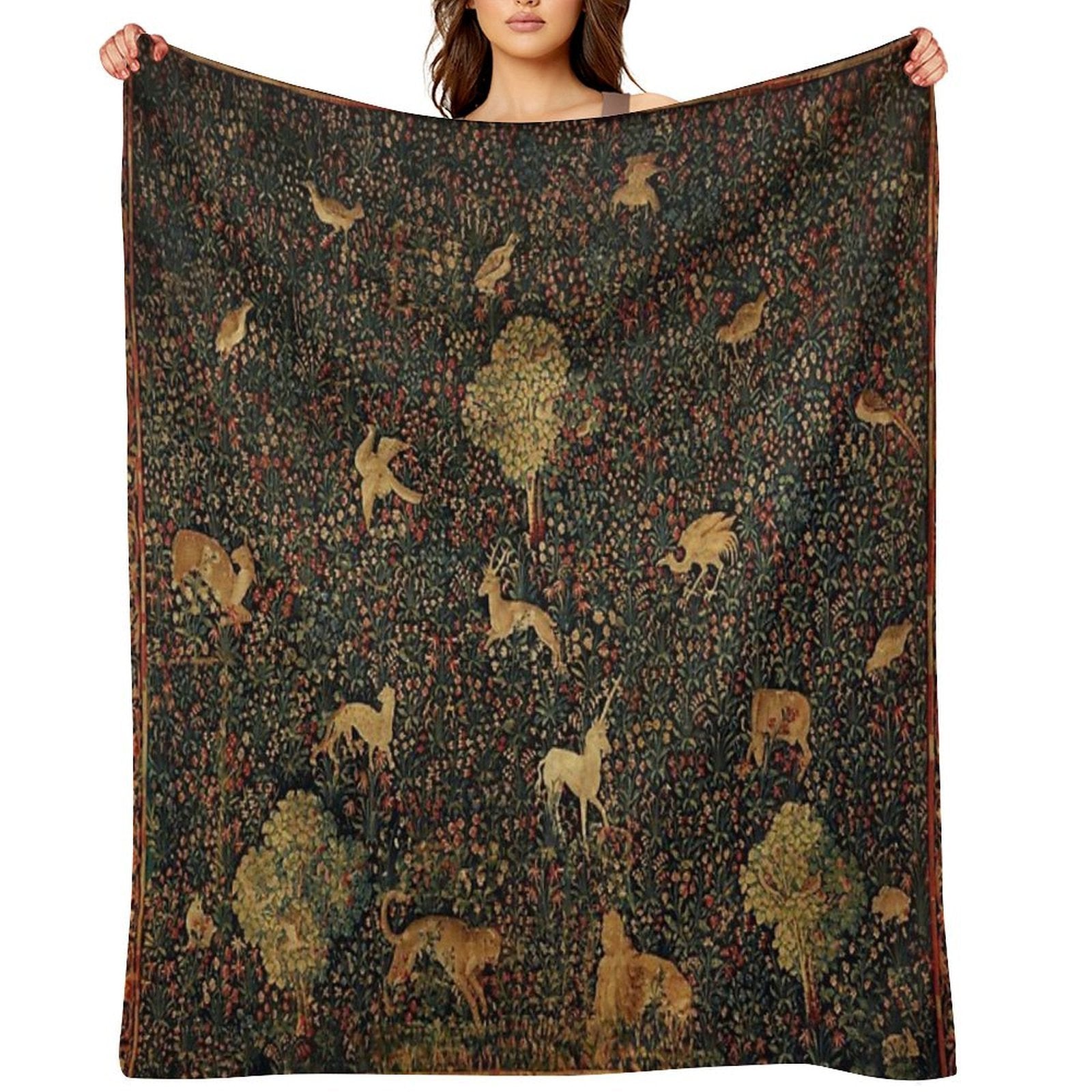 UNICORN AND MEDIEVAL BESTIARY Millefleurs Red Green Floral Tapestry ,Forest Animals, Premium Throw Blanket