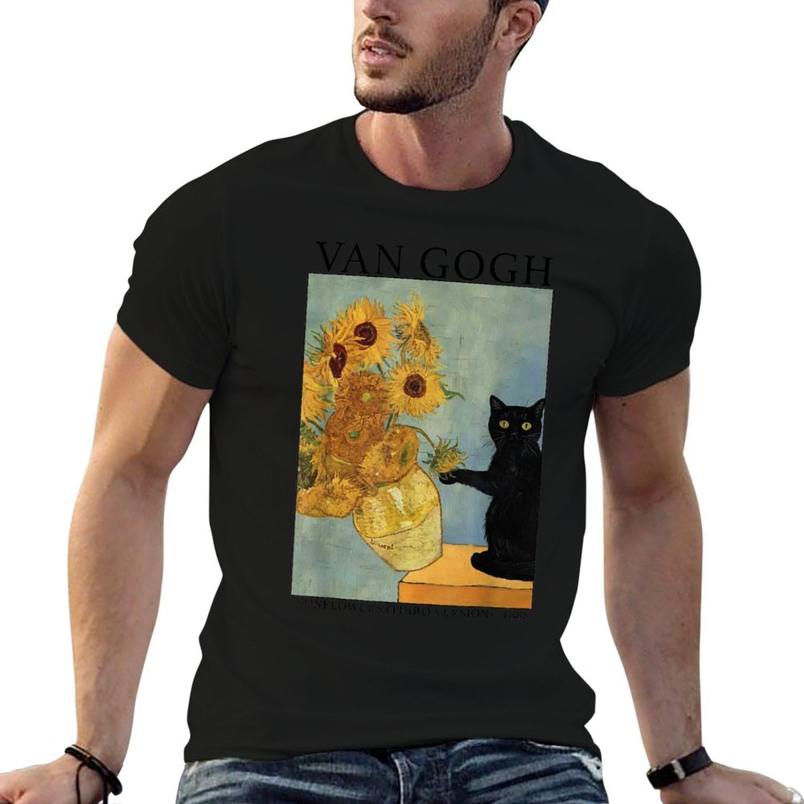 Van Gogh Black Cat With Sunflowers Funny Cat  Easy-care T-Shirt