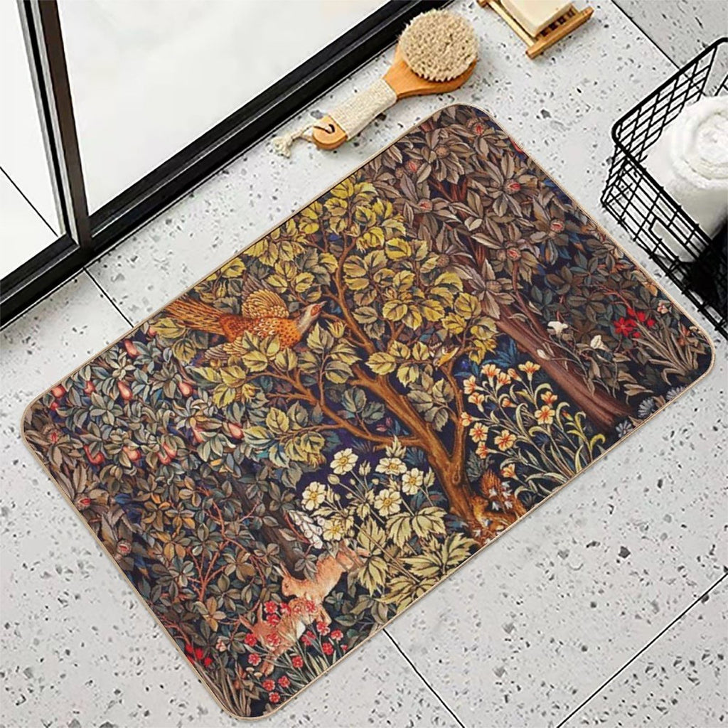 GREENERY,FOREST ANIMALS Pheasant on Autumn Tree,Squirrel,Hares,Red Yellow Floral Tapestry  Anti-Trip Bath Mat