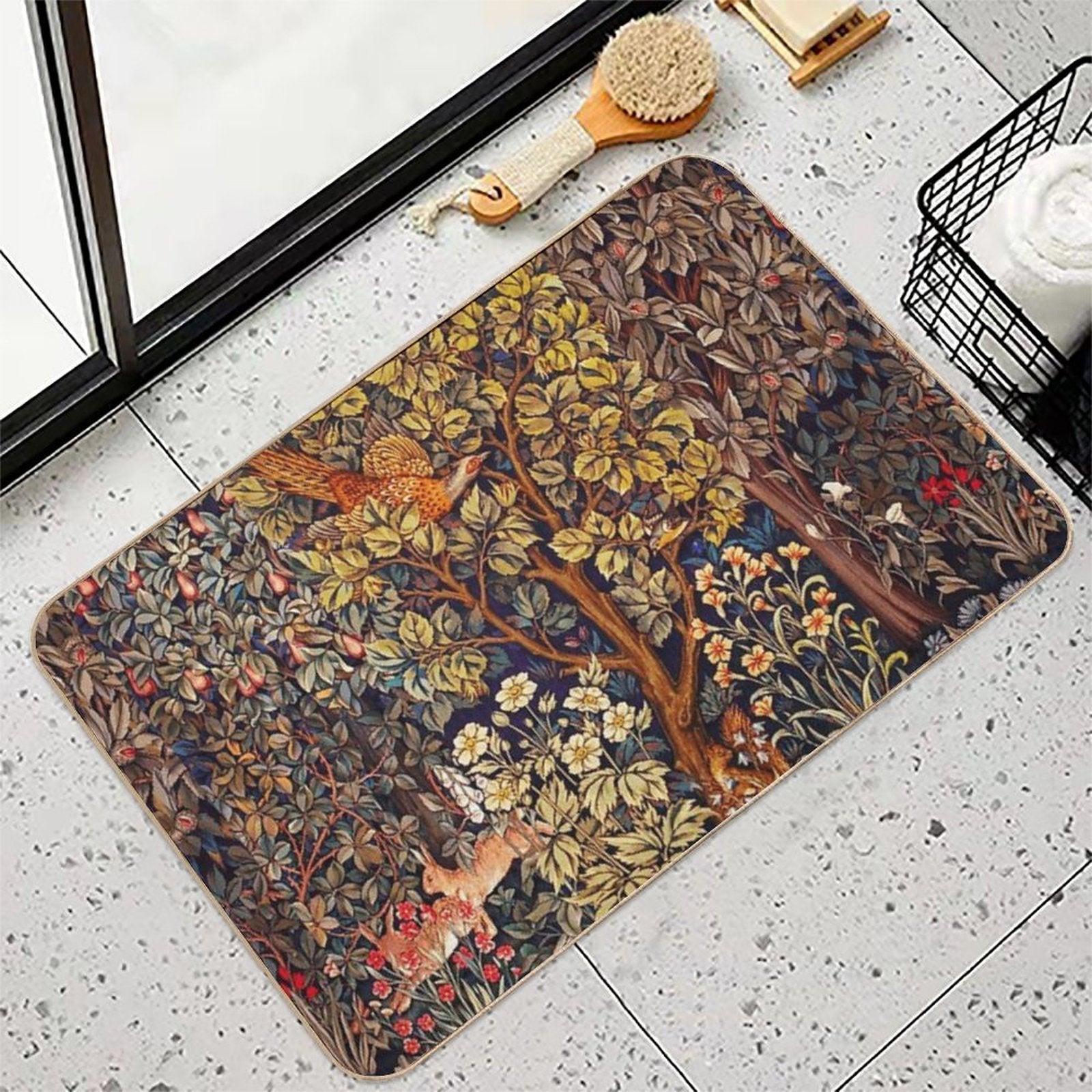 GREENERY,FOREST ANIMALS Pheasant on Autumn Tree,Squirrel,Hares,Red Yellow Floral Tapestry  Anti-Trip Bath Mat