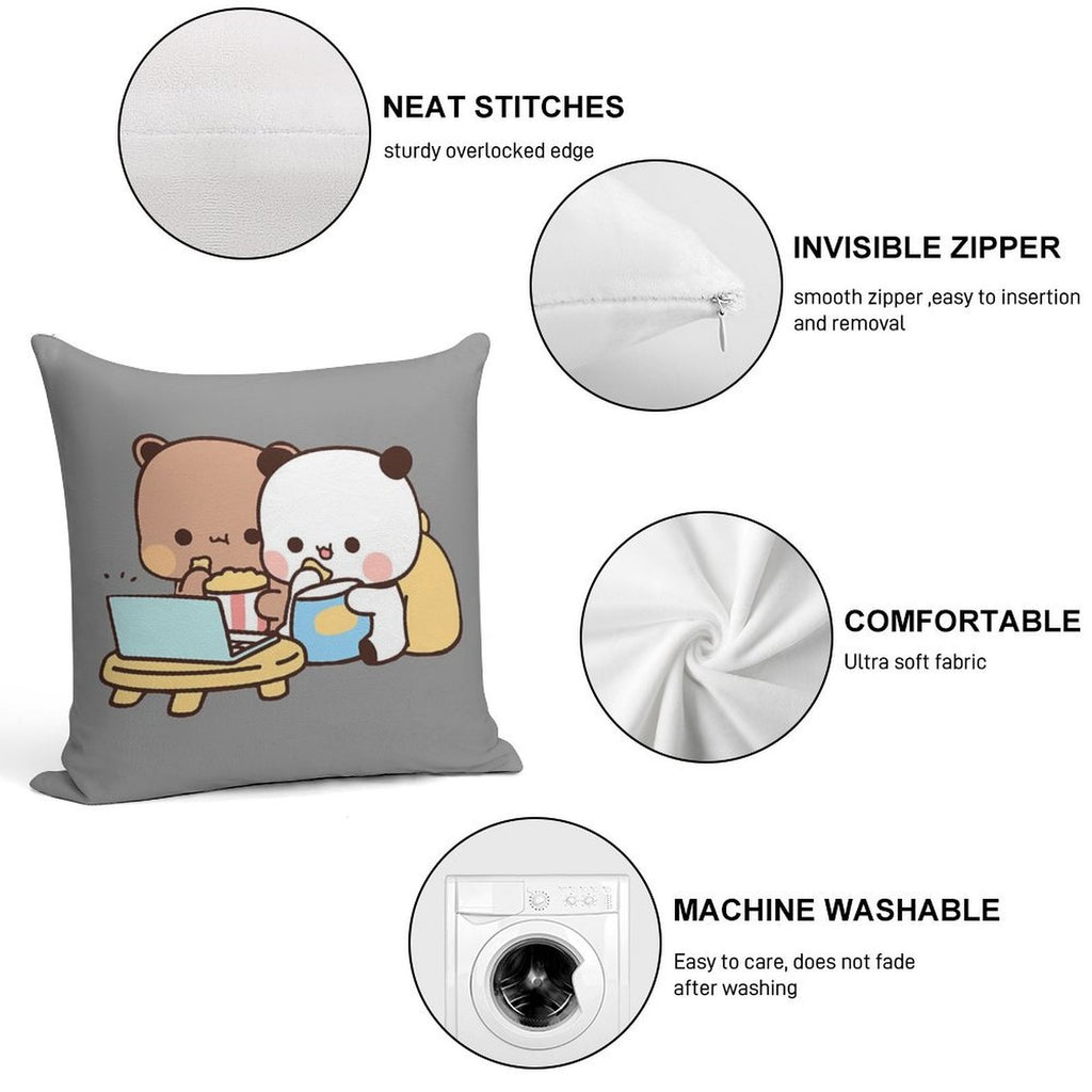 DuDu Bear And BuBu Panda Watching Movie Together❤️ Soft Washable Throw Pillow
