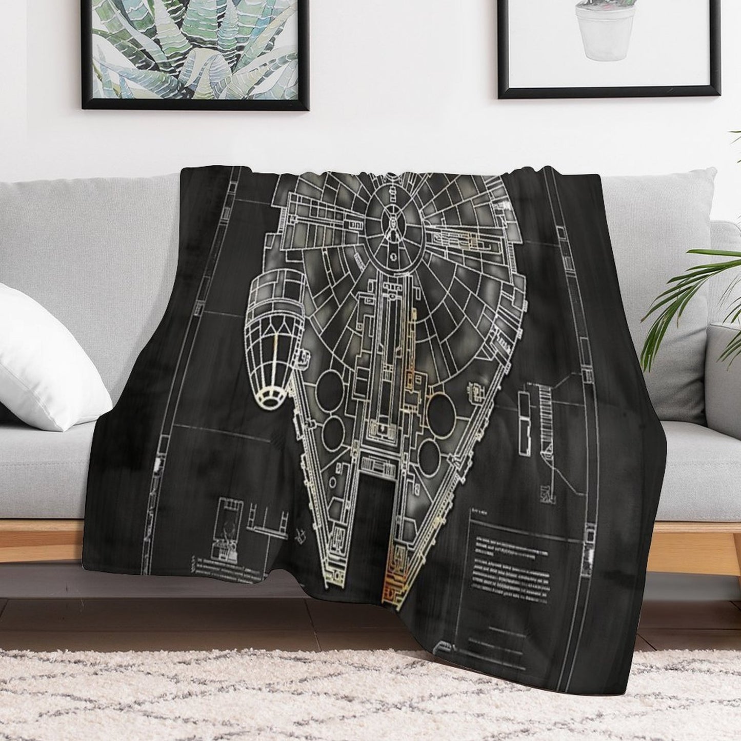 Millennium Falcon Star Wars Starship Blueprint Fan Art Plush Throw Blanket