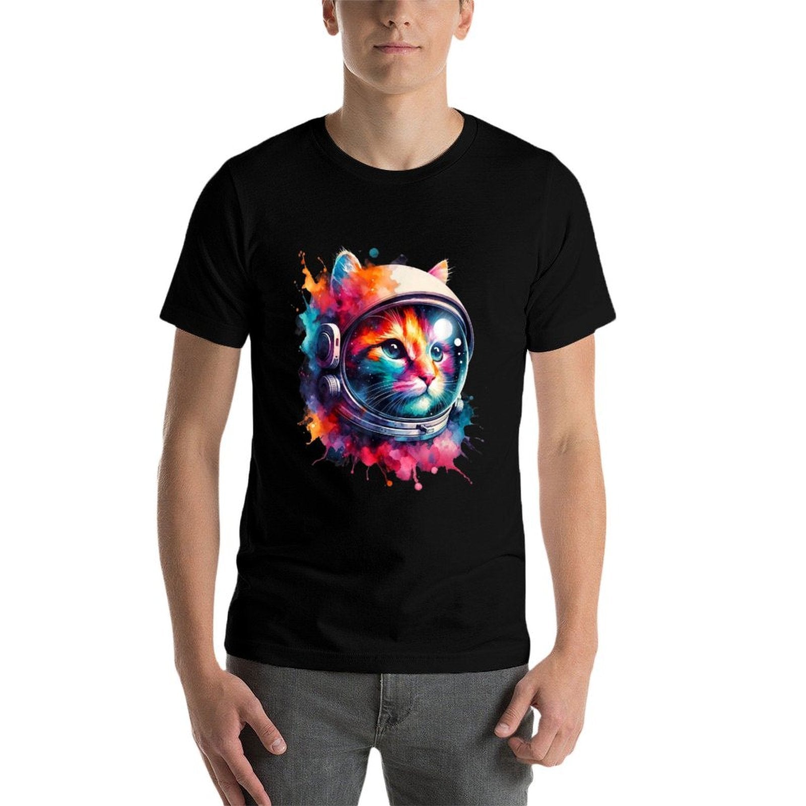 Funny Cat Astronaut Outer Space Watercolor Splash Cat Lover  Heathered Texture T-Shirt