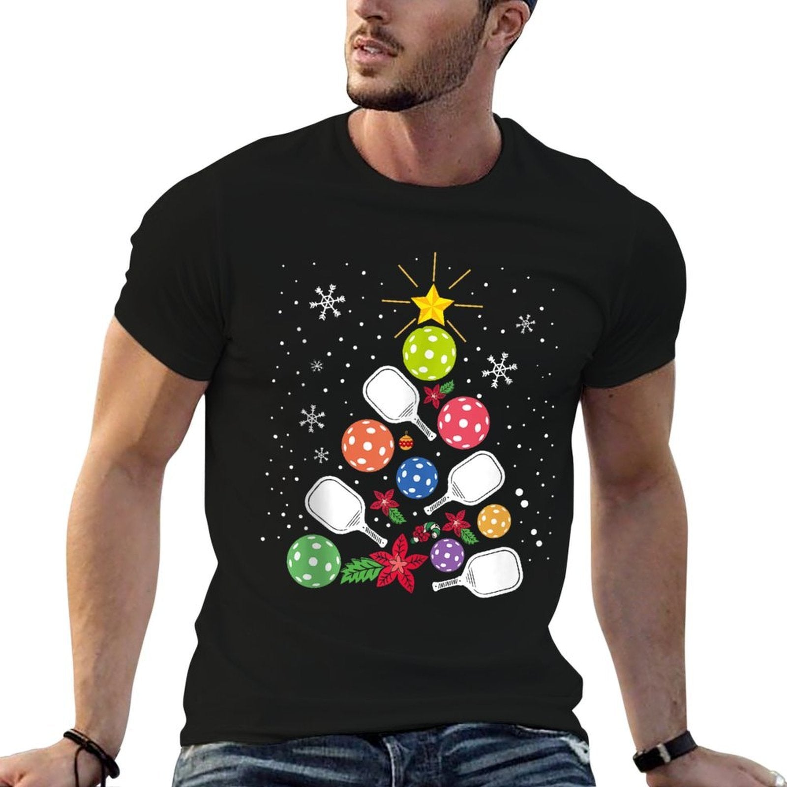 Pickleball Christmas Tree Santa Pickleball X-mas Lights  Soft T-Shirt