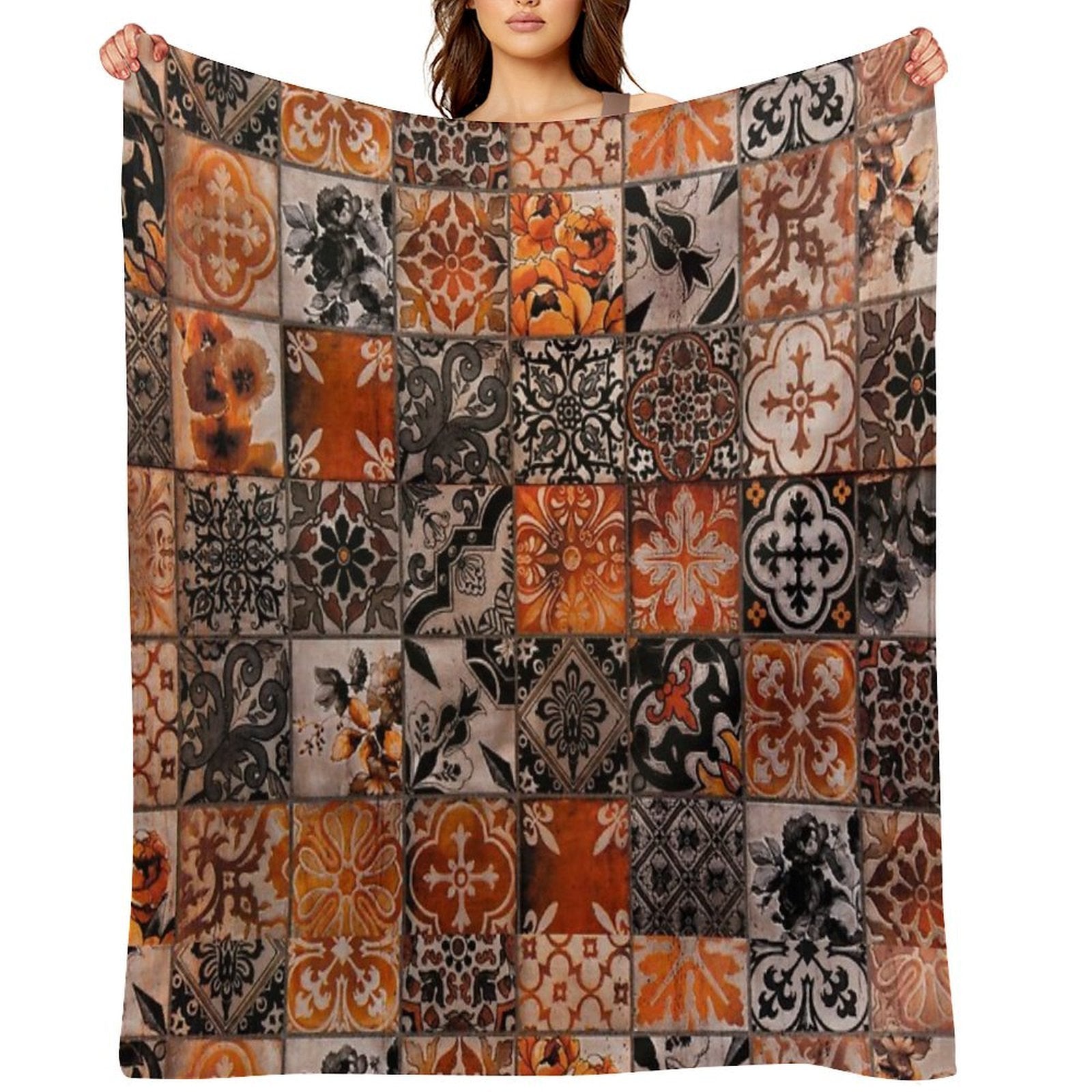 Orange Tiles Plush Throw Blanket