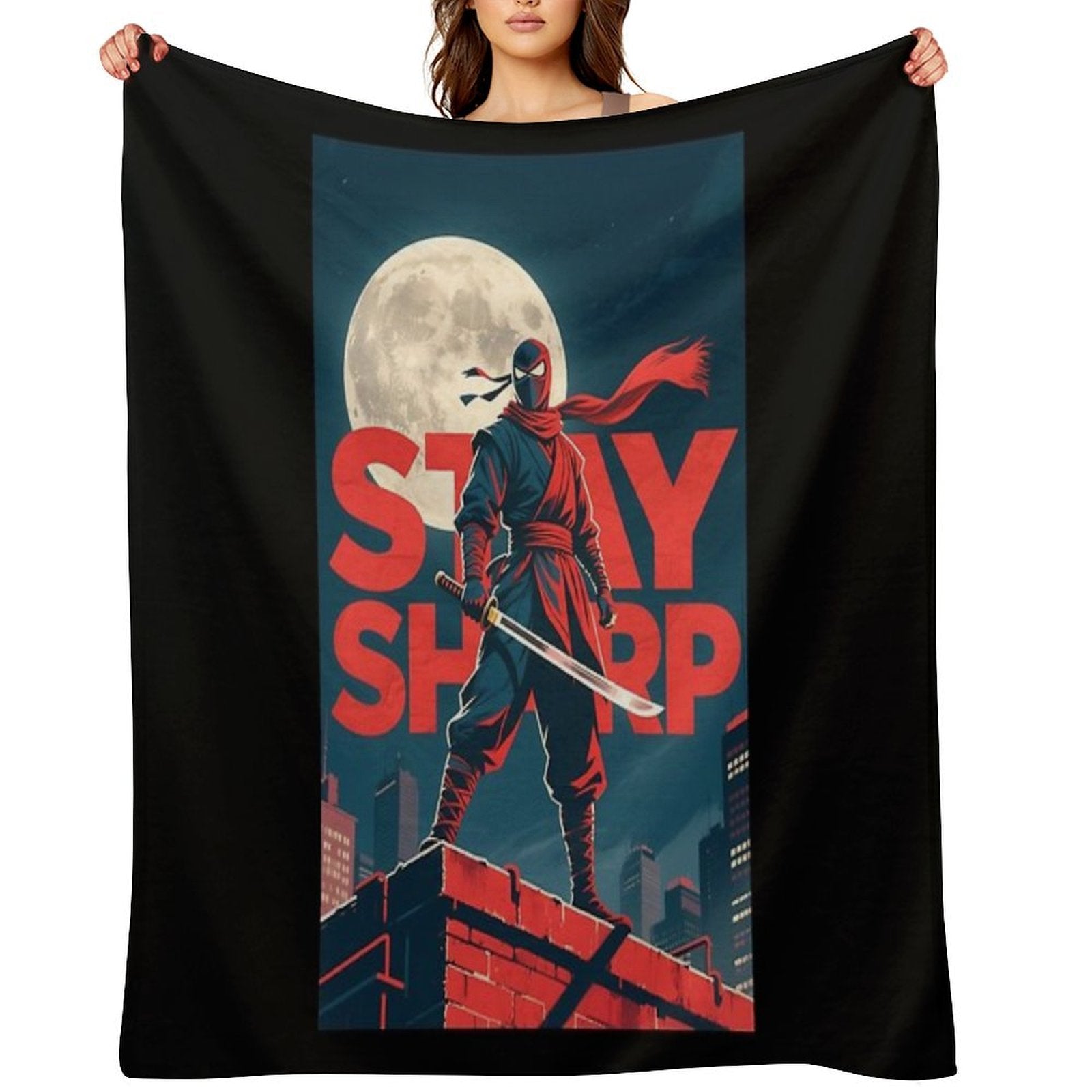 Stay Sharp – Retro Ninja in Hope-Style Urban Scene Anti-pilling Throw Blanket