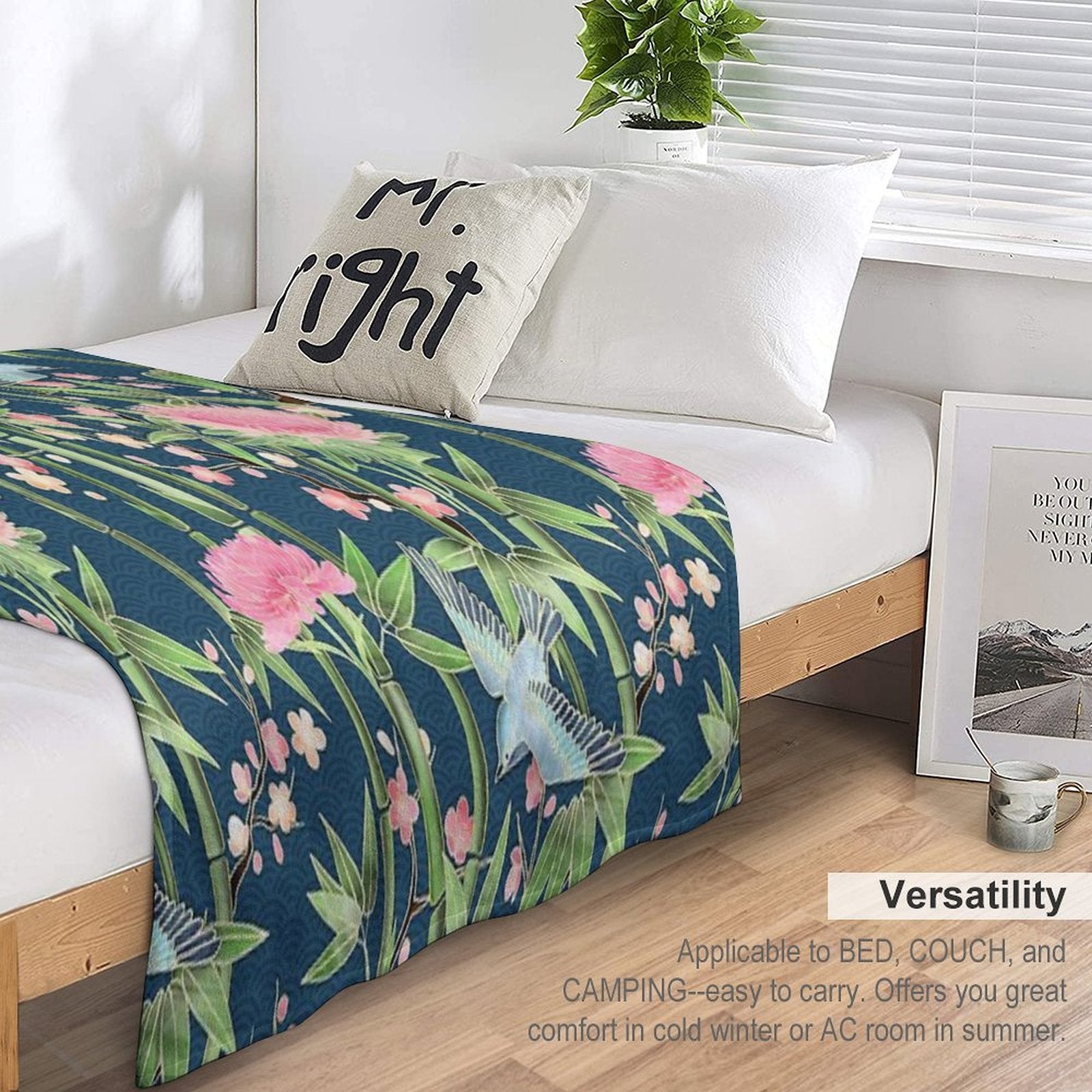 Bamboo, Birds And Blossom - Dark Teal Velvety-soft Throw Blanket
