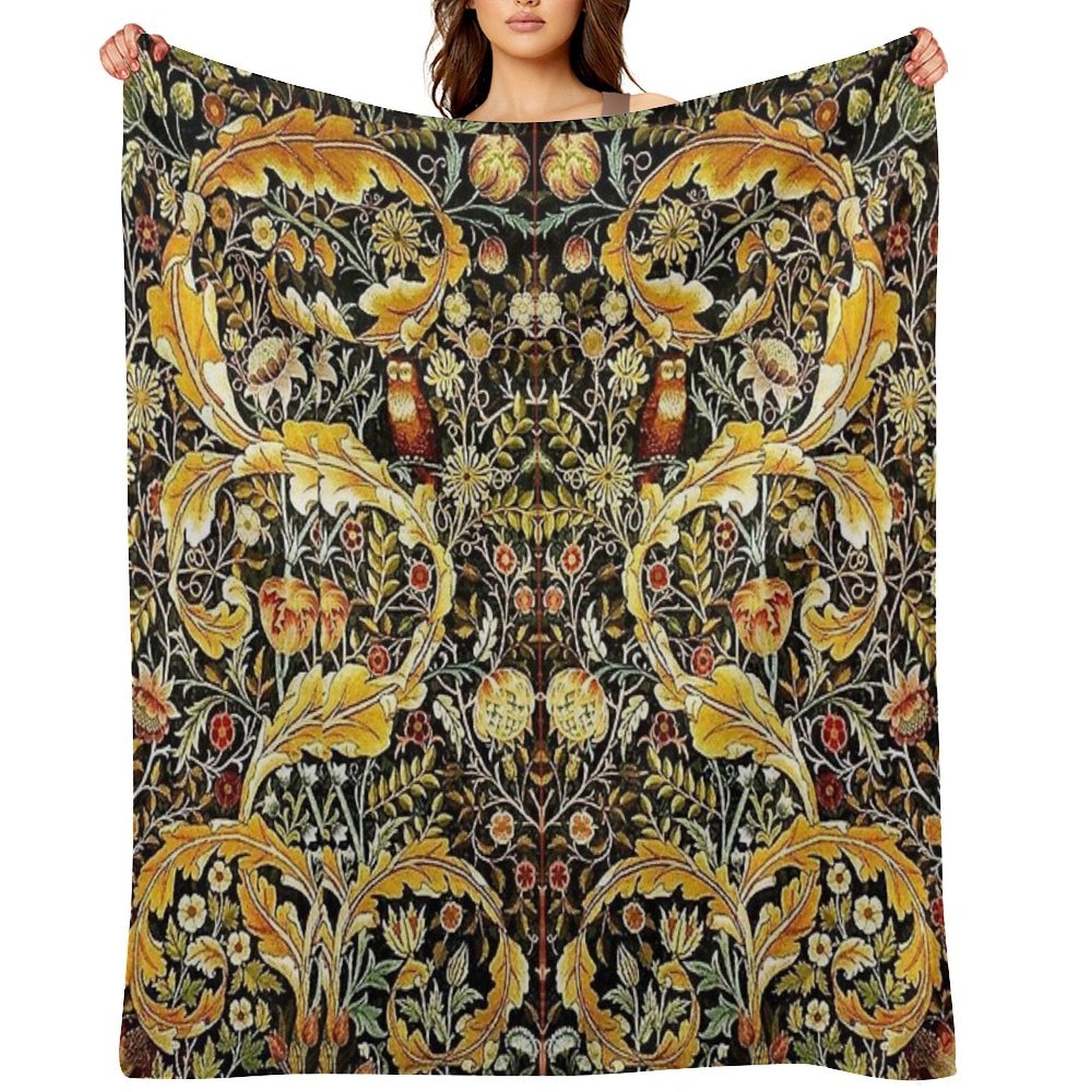 OWL ON ACANTHUS LEAVES AND FLOWERS Yellow Brown Floral Premium Throw Blanket