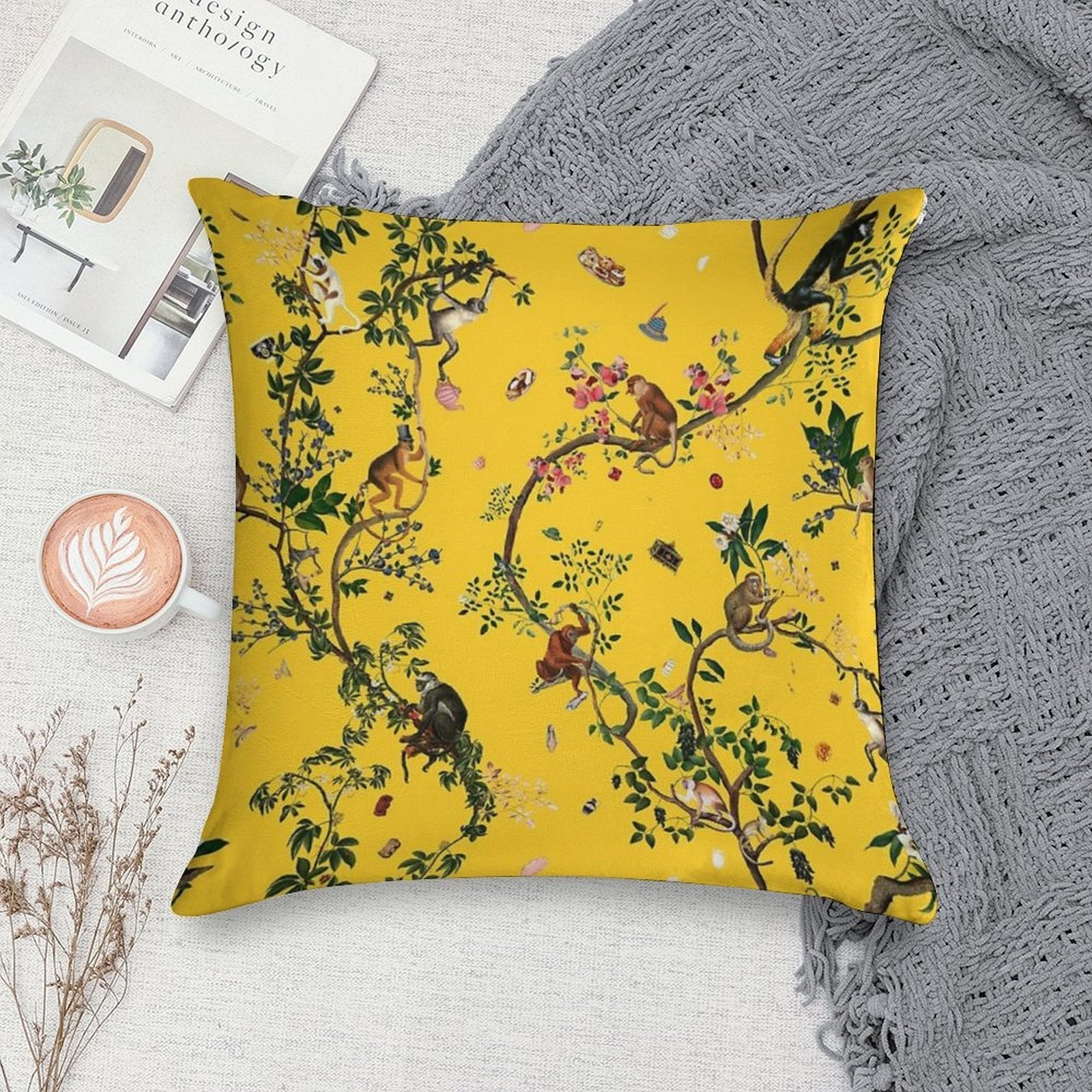 Monkey World Yellow Soft Washable Throw Pillow
