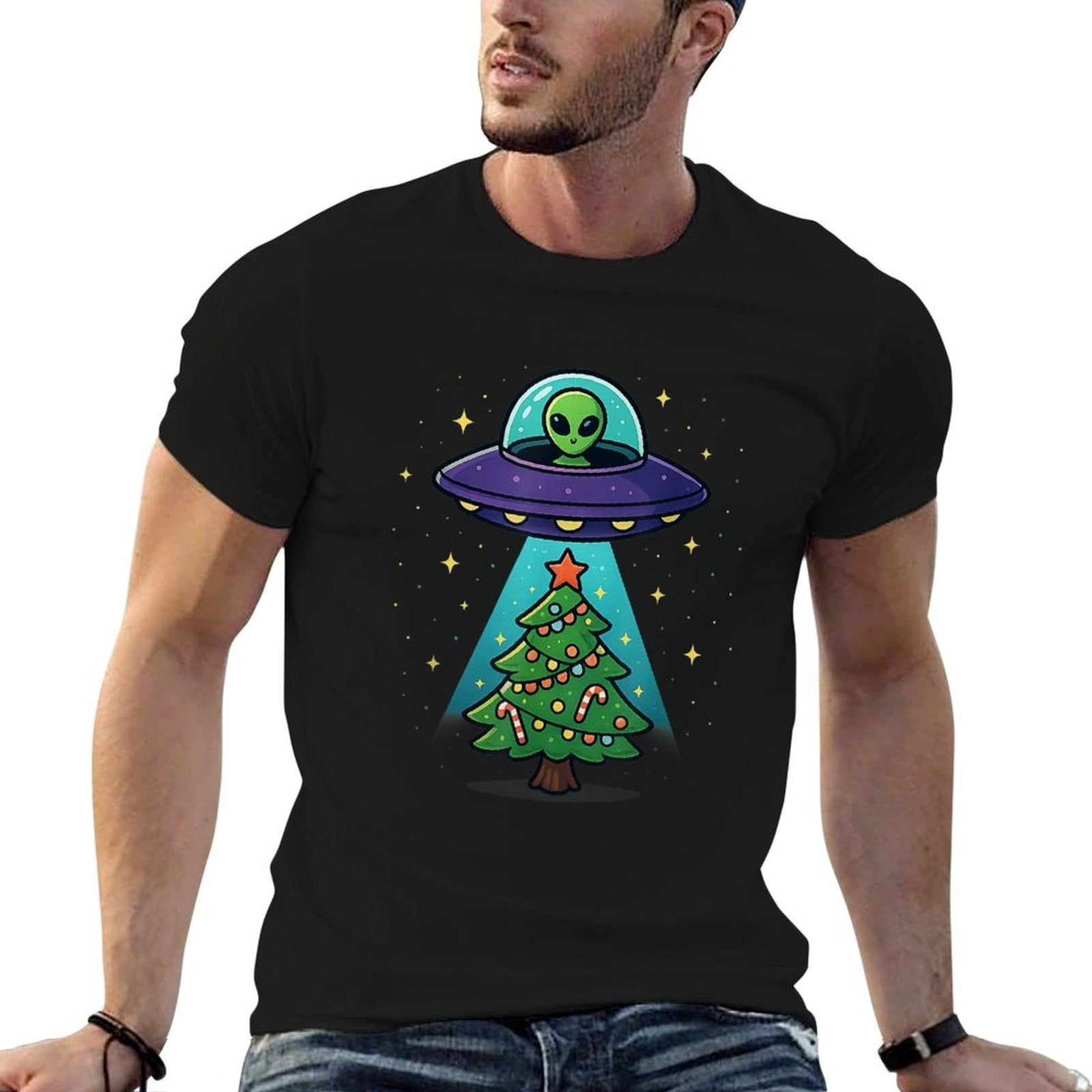 Alien Christmas Lights UFO Holiday Abduction Christmas Tree Comfortable T-Shirt
