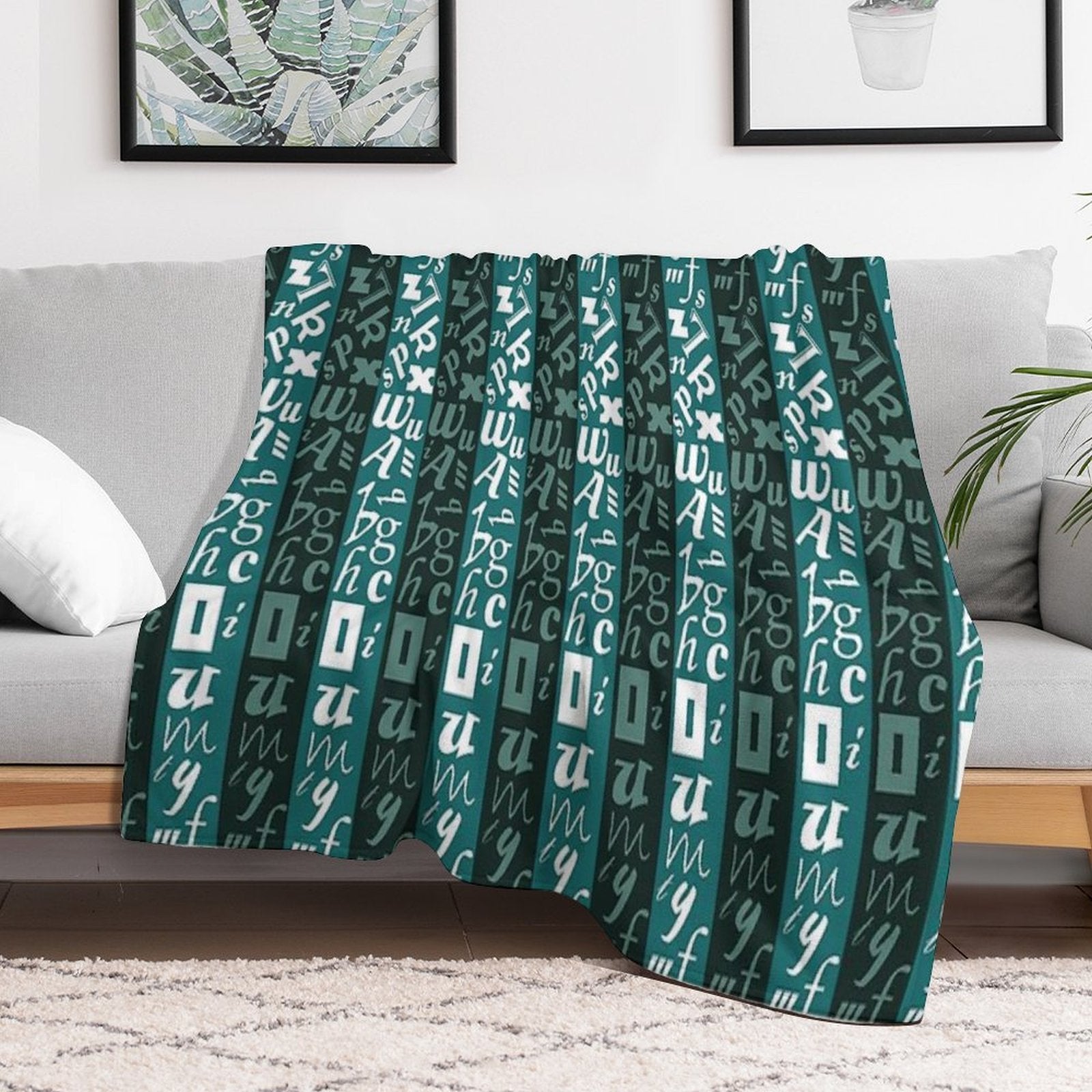 Abstract Green And White Letter Pattern Eco-conscious Throw Blanket