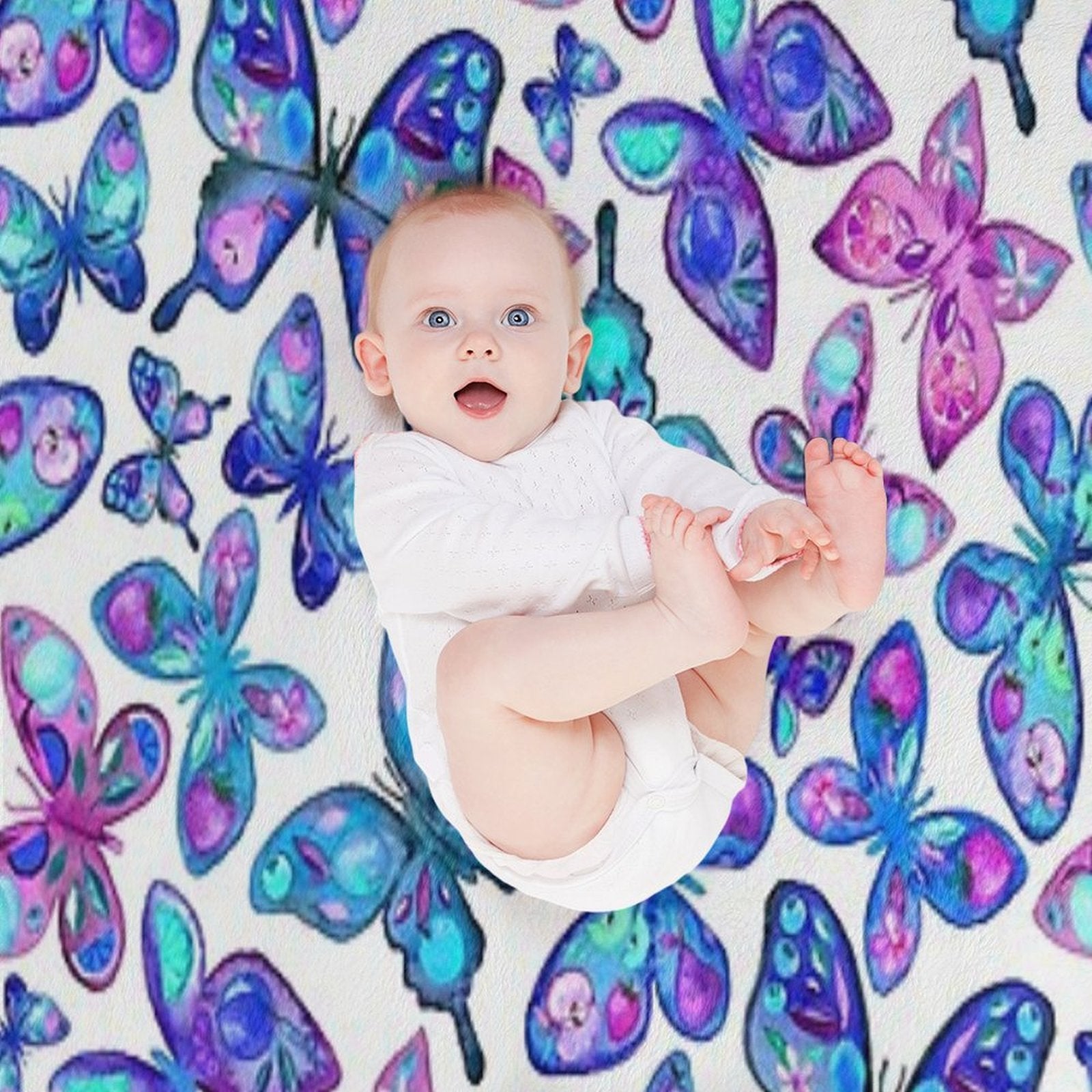 Watercolor Fruit Patterned Butterflies - Aqua And Sapphire Compact Throw Blanket