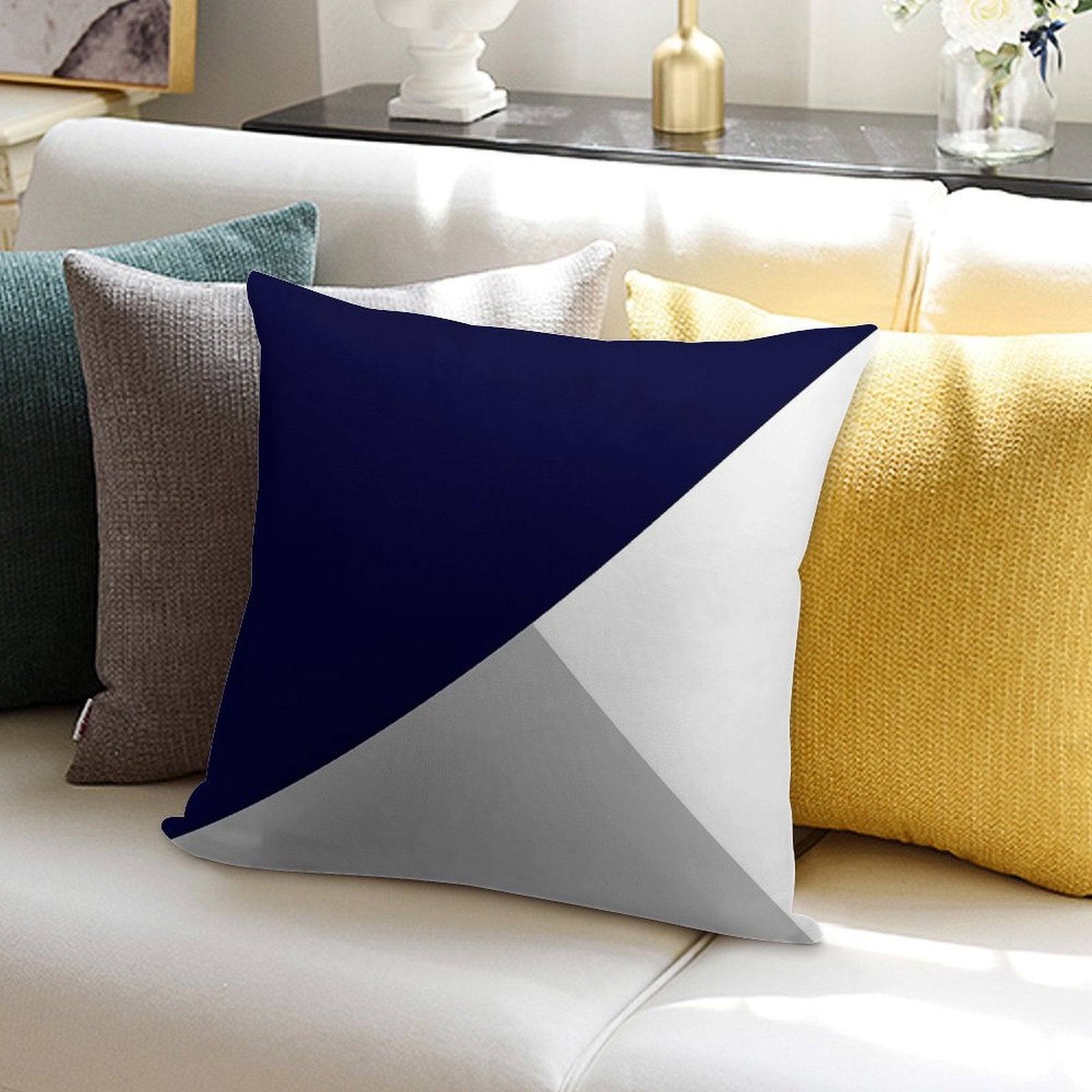 Tricolor Navy Blue Silver Gray And White Soft Short Plush Fabric Throw Pillow