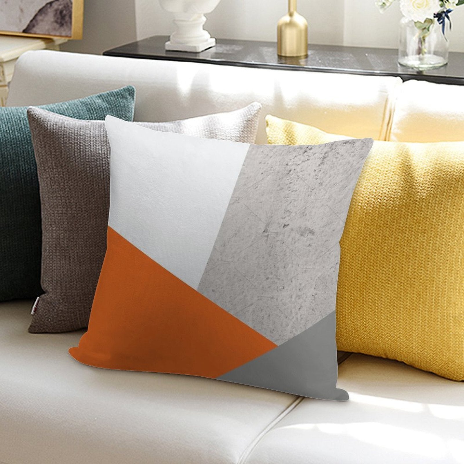 Grey Orange And Concrete Color Block Soft Easy Maintenance Throw Pillow