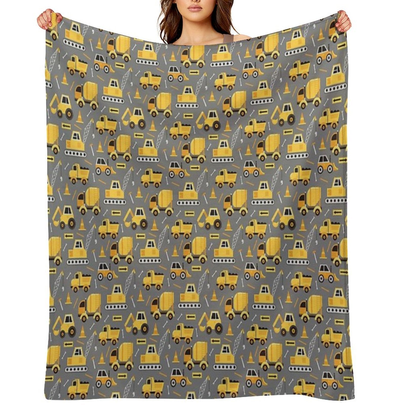Construction Trucks on Gray Travel-friendly Throw Blanket