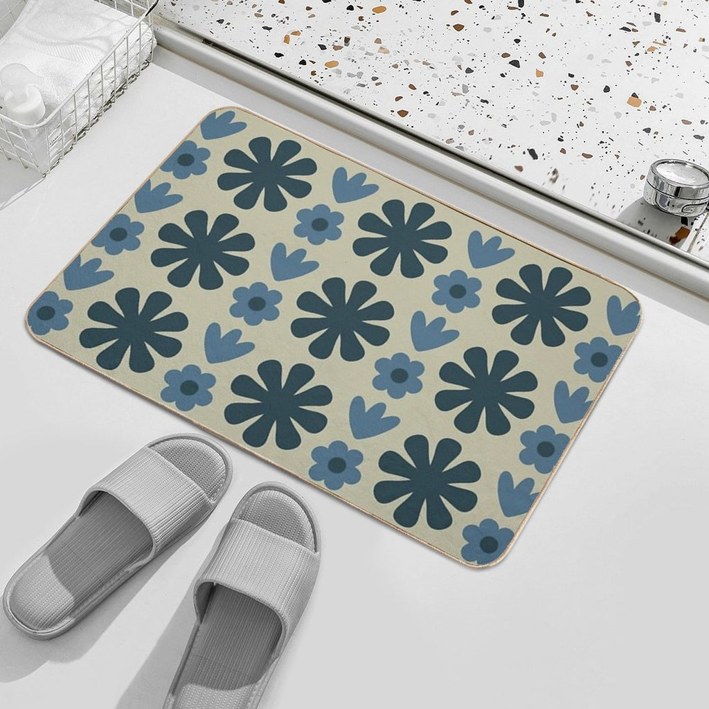 Scandi Floral Grid Retro Pattern in Vintage Blue And Beige  Absorbent Bath Mat