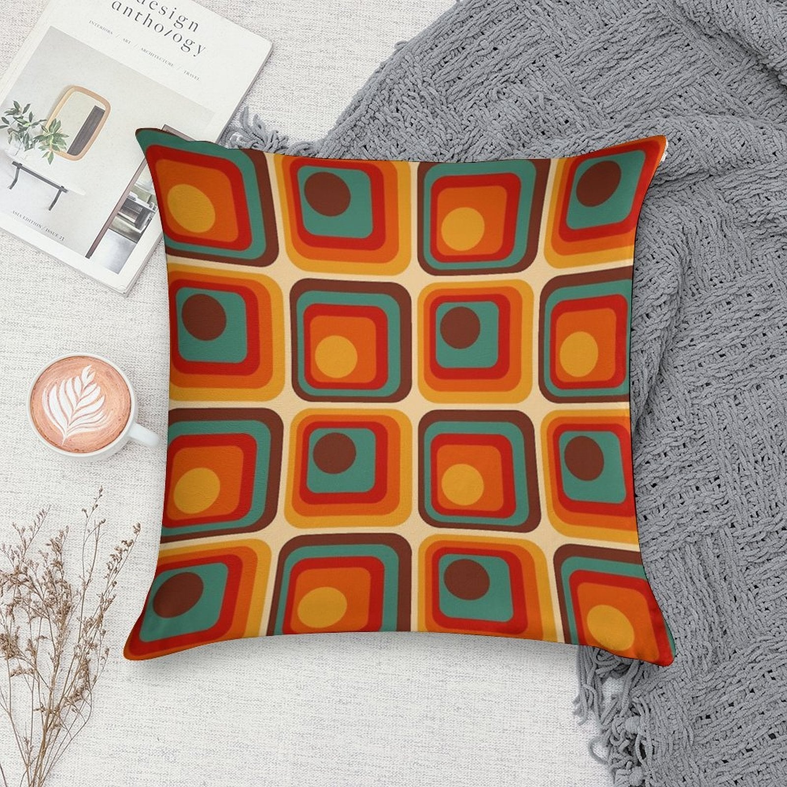 Retro Geometric Gradient Square And Circle Pattern 221 Soft Washable Throw Pillow
